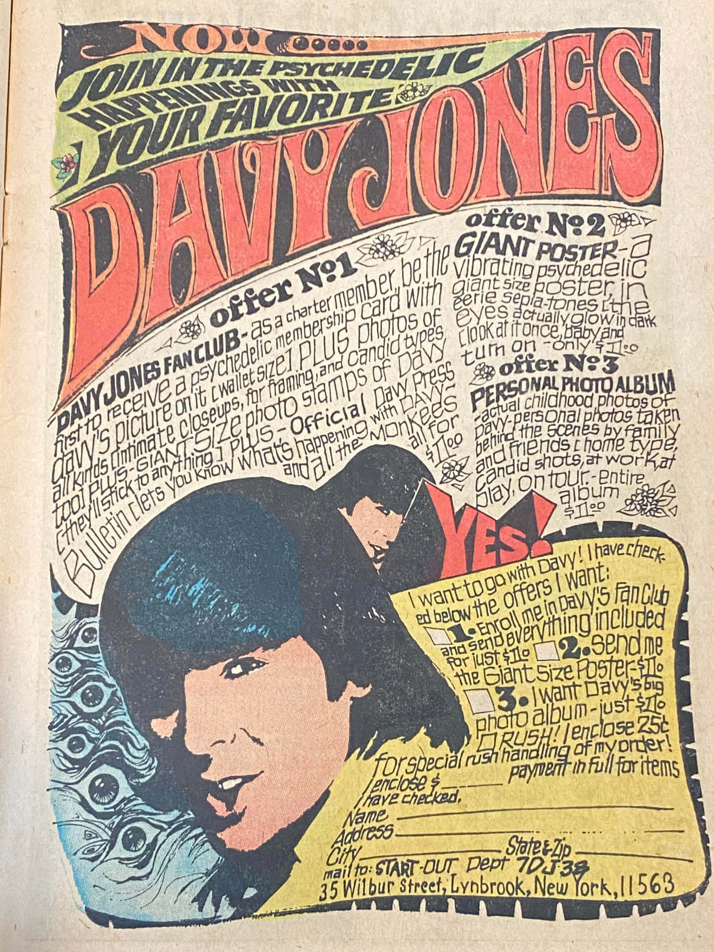 Vintage Davy Jones Psychedelic Fan Club Ad Wallpaper