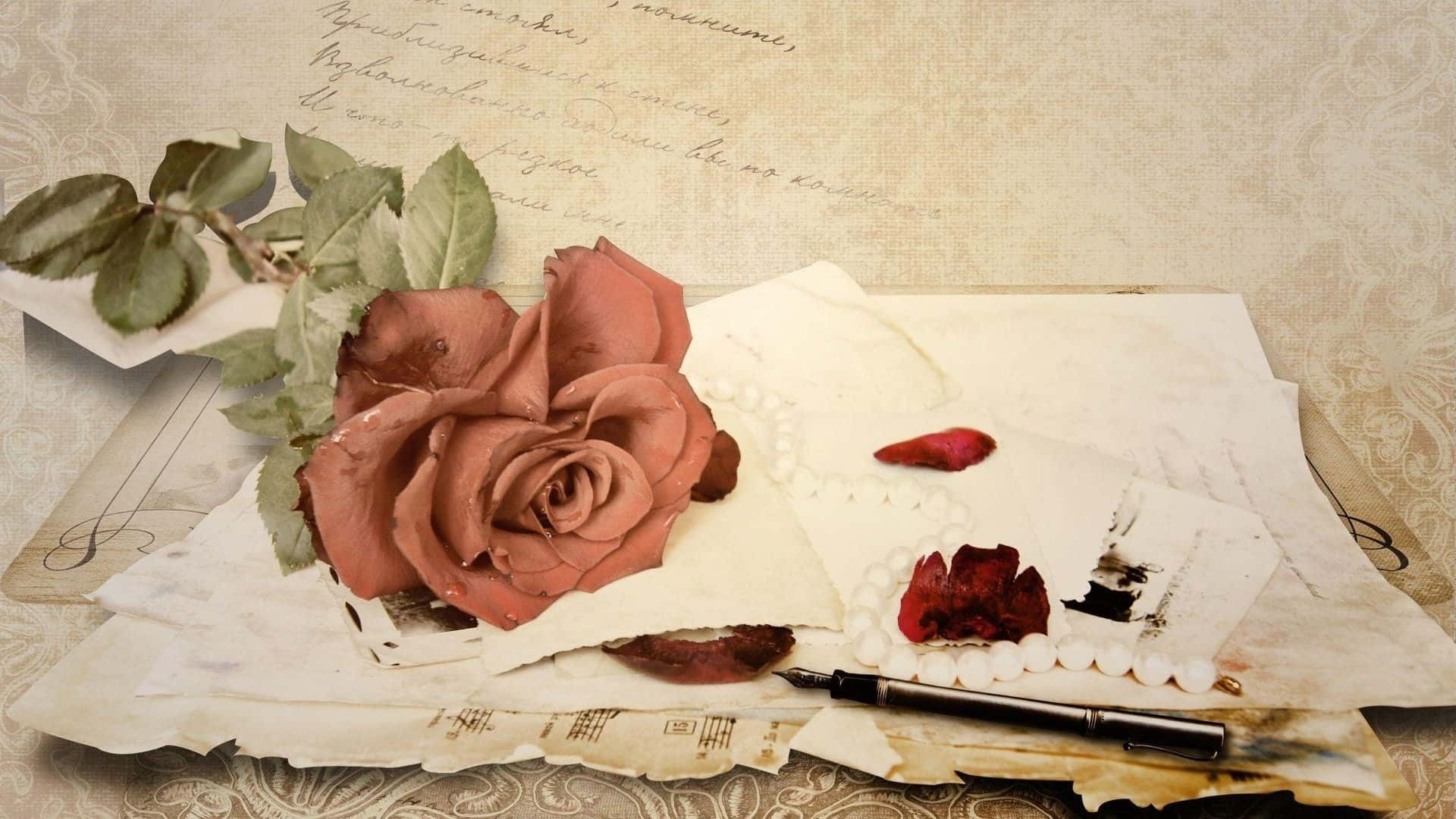 Oldfashioned Skrivbordsbakgrund Med Blommigt Rosefärgat Mönster. Wallpaper