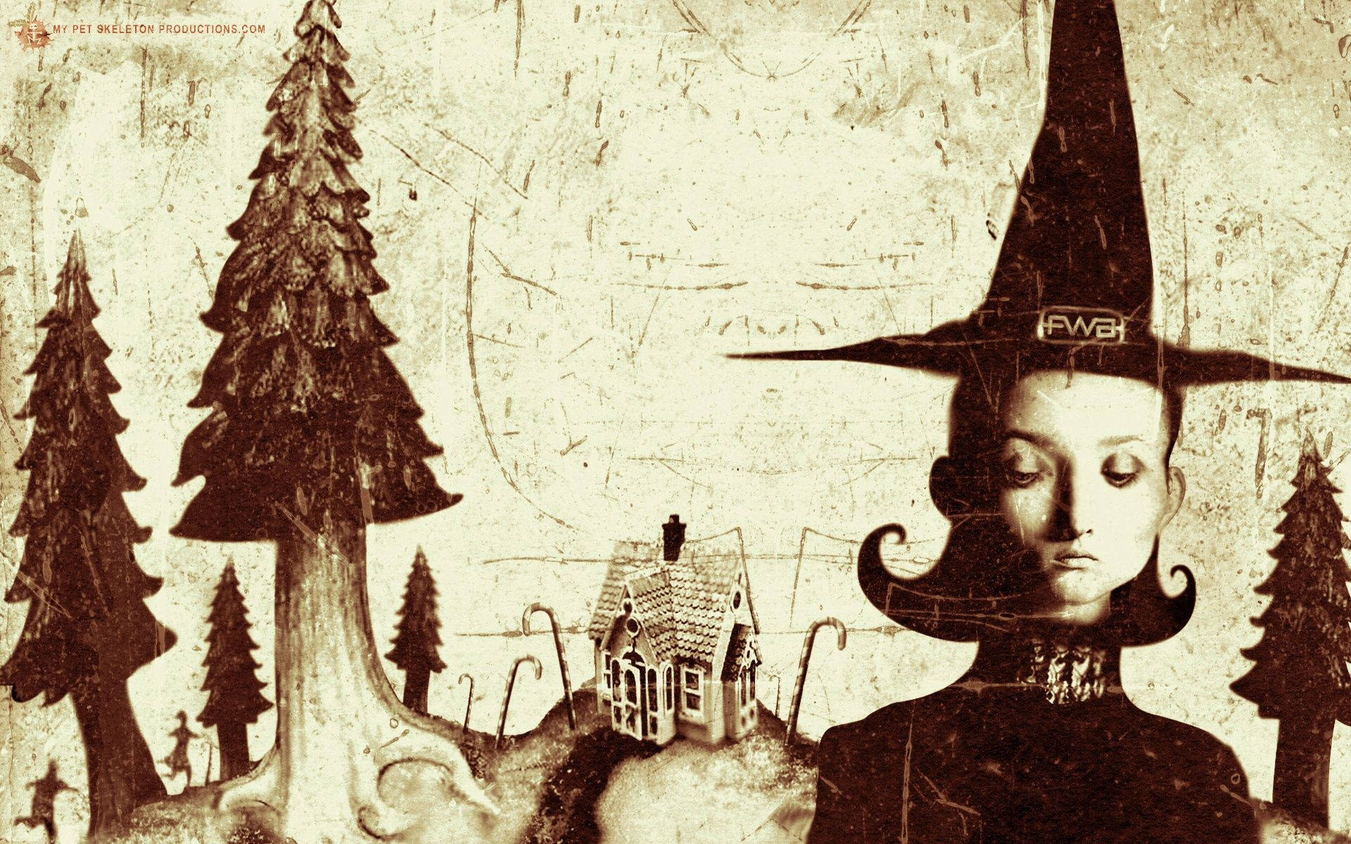 A brown and white photography wallpaper of an old art with elf, house and trees.