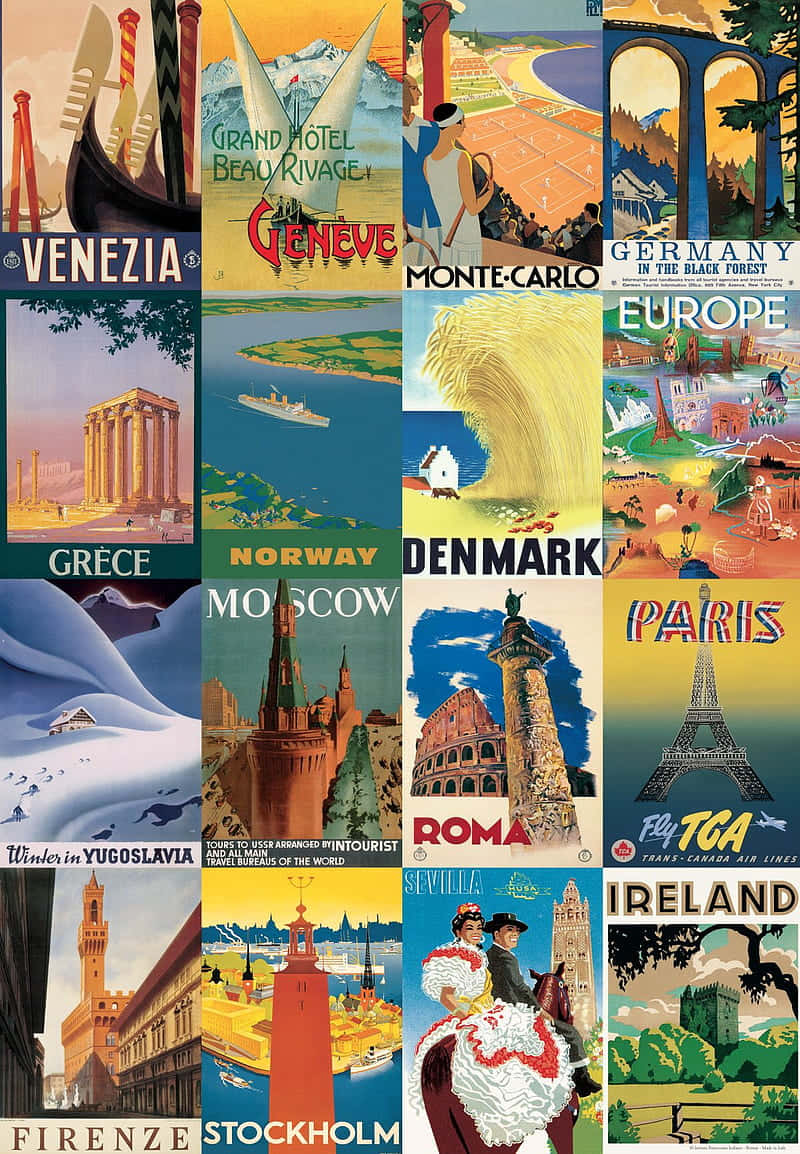 Vintage Europese Reisposters Collage Achtergrond