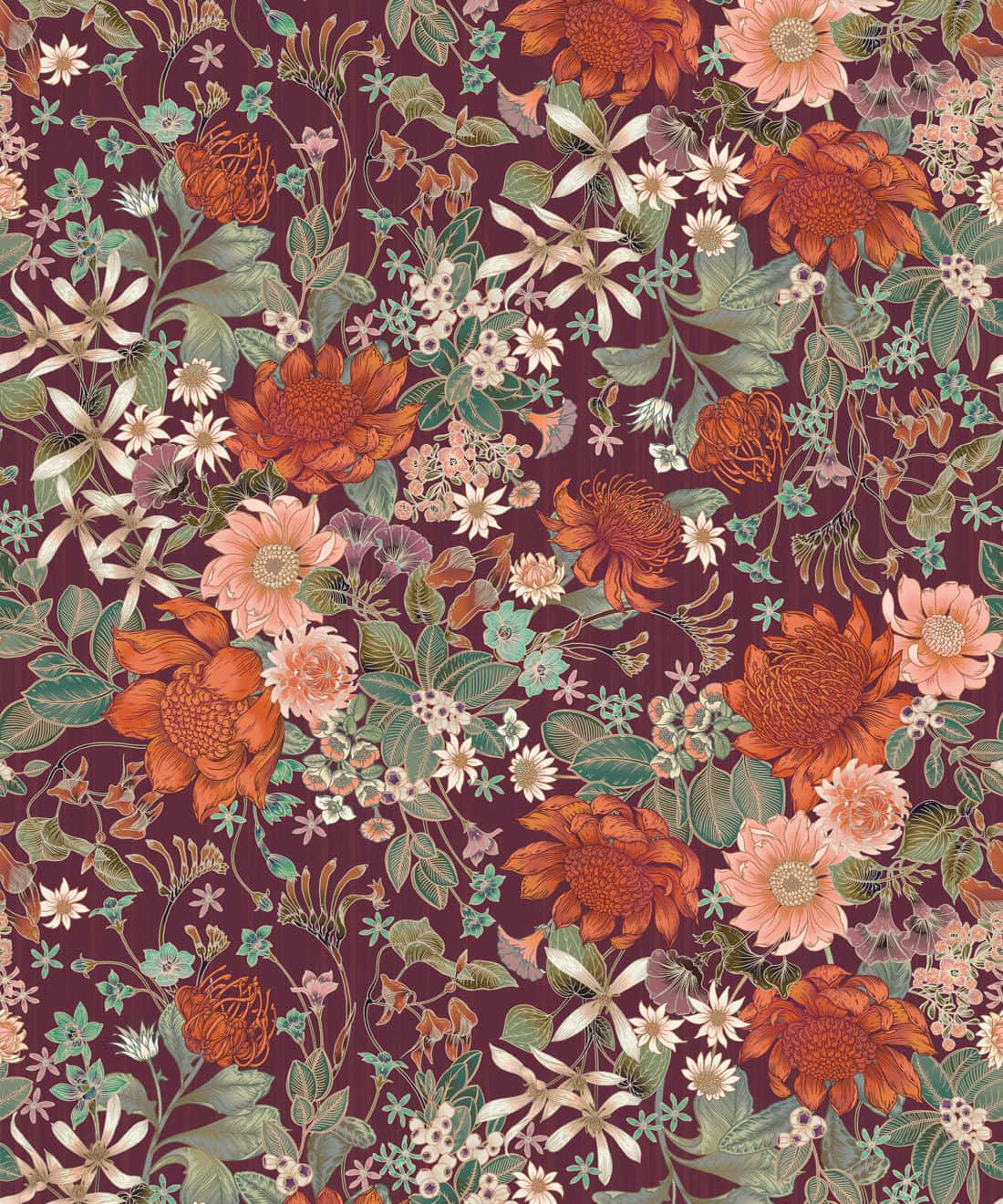A Floral Pattern In Burgundy And Orange