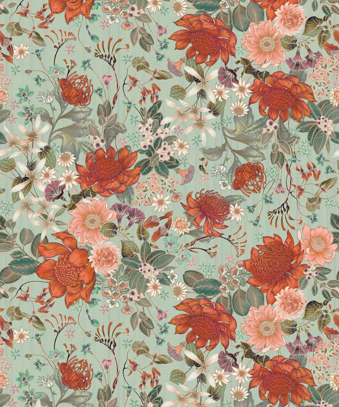 A Floral Pattern In Turquoise And Red