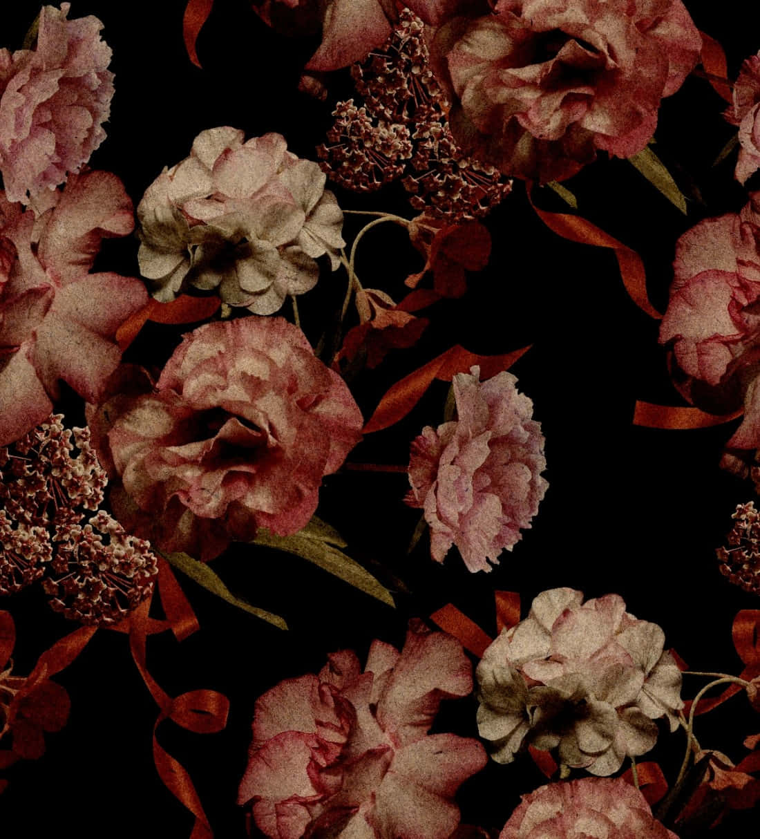 A Black Background With Pink Flowers And Leaves