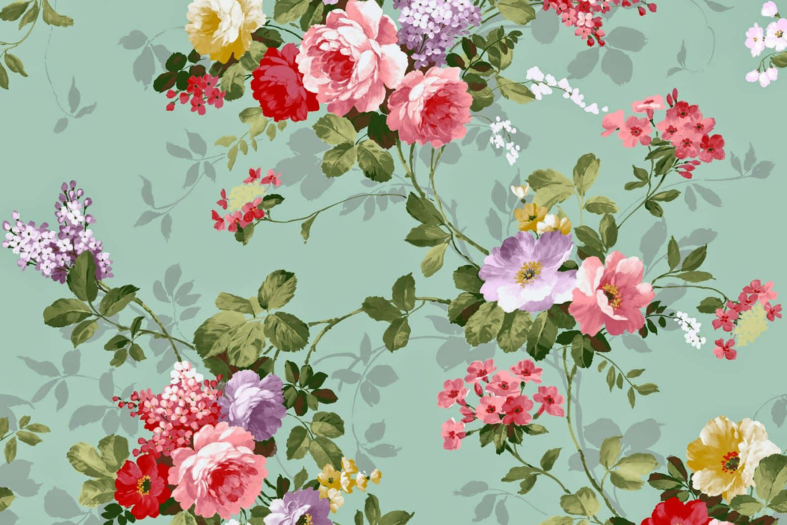 A Floral Wallpaper With Pink And Red Flowers