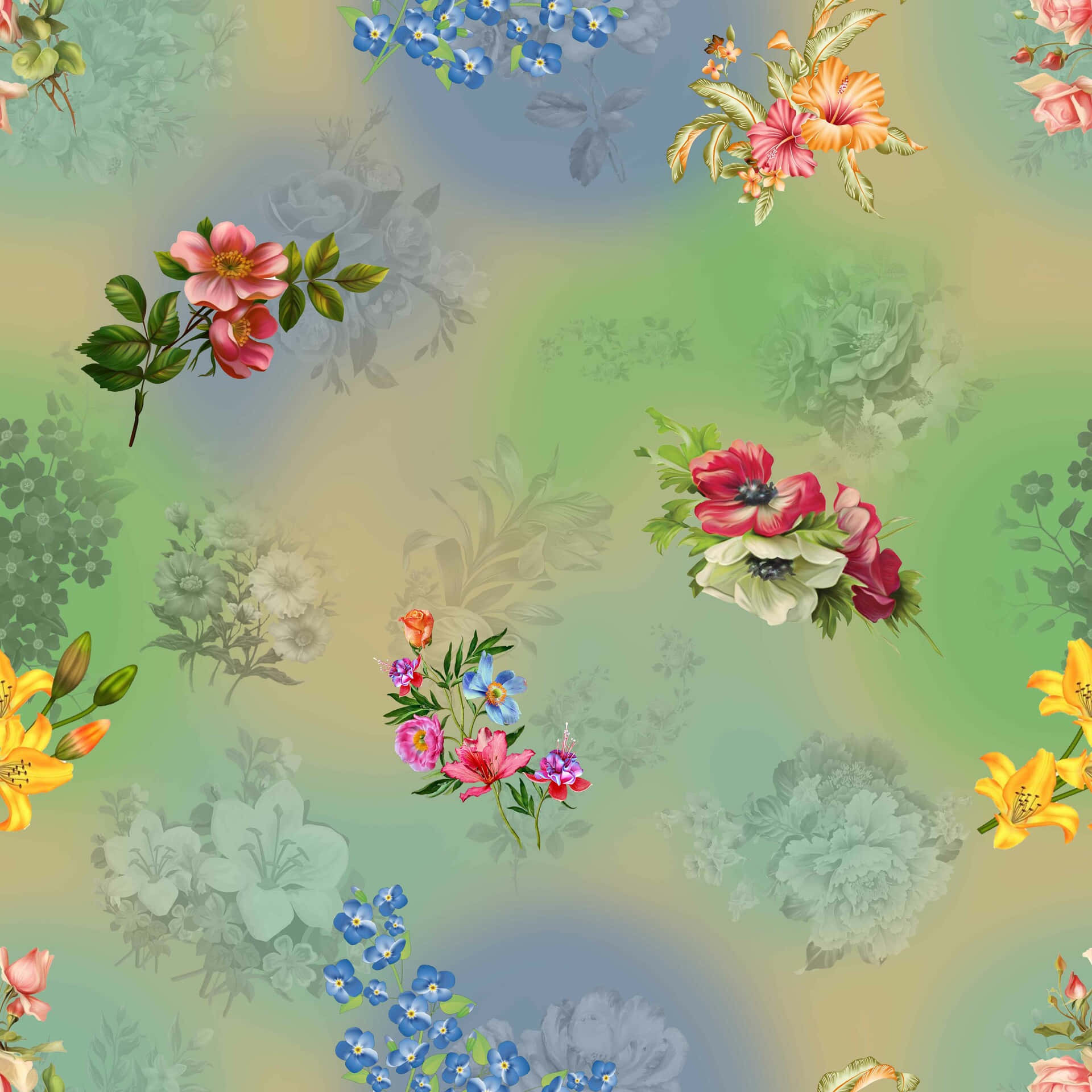 A Floral Pattern With Many Different Flowers