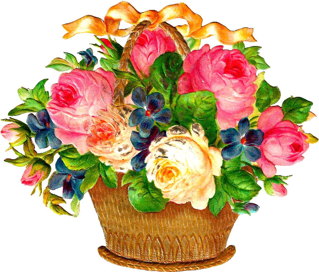 Vintage Floral Basket Arrangement PNG