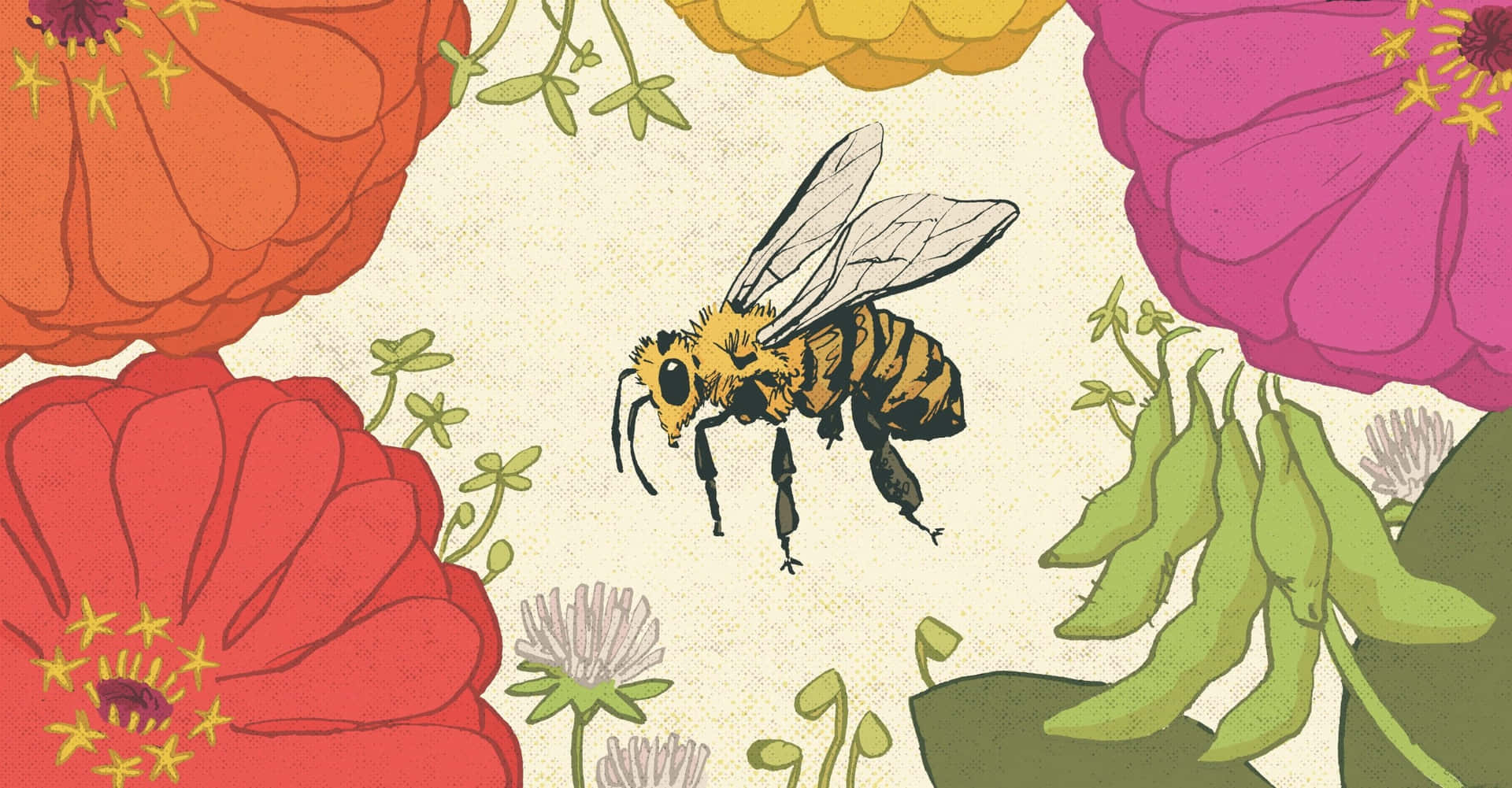 Vintage Floral Bee Illustration Wallpaper