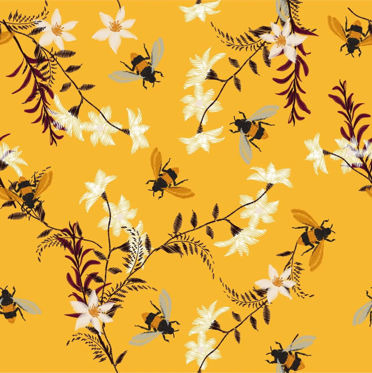 Vintage Floral Bee Pattern Yellow Background Wallpaper