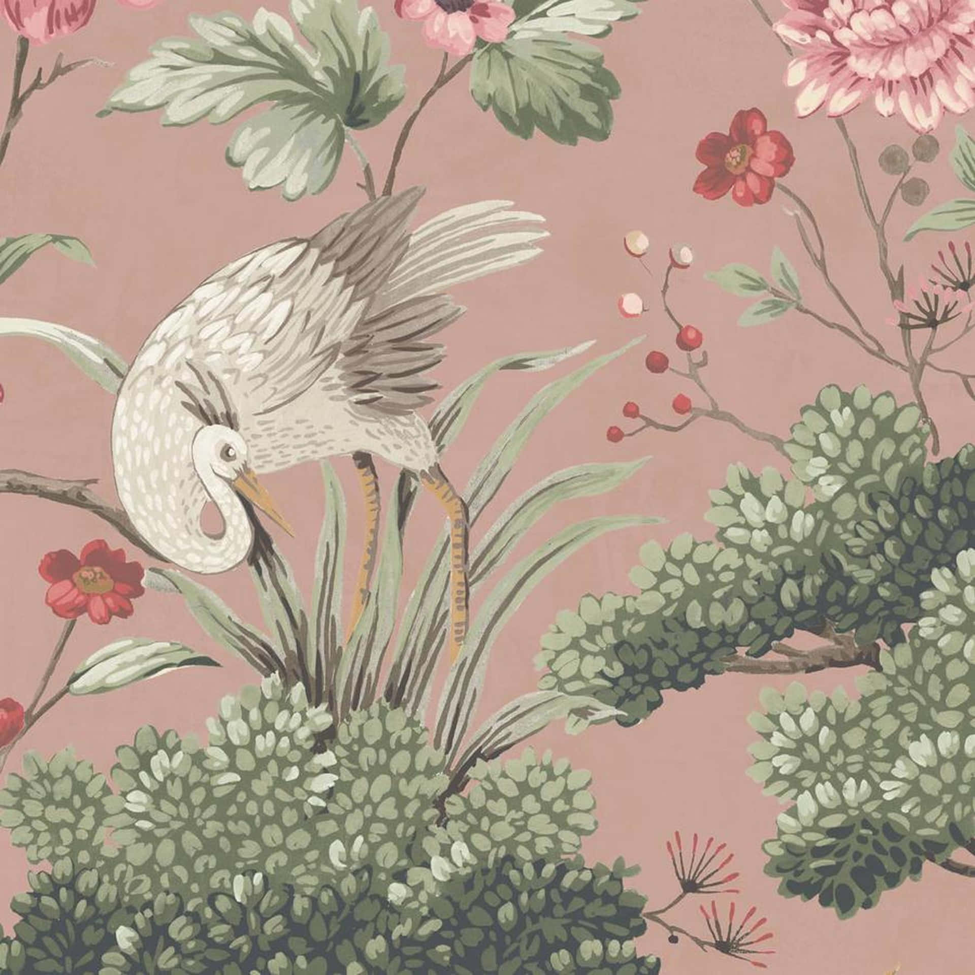 Vintage Floral Bird Illustration Wallpaper