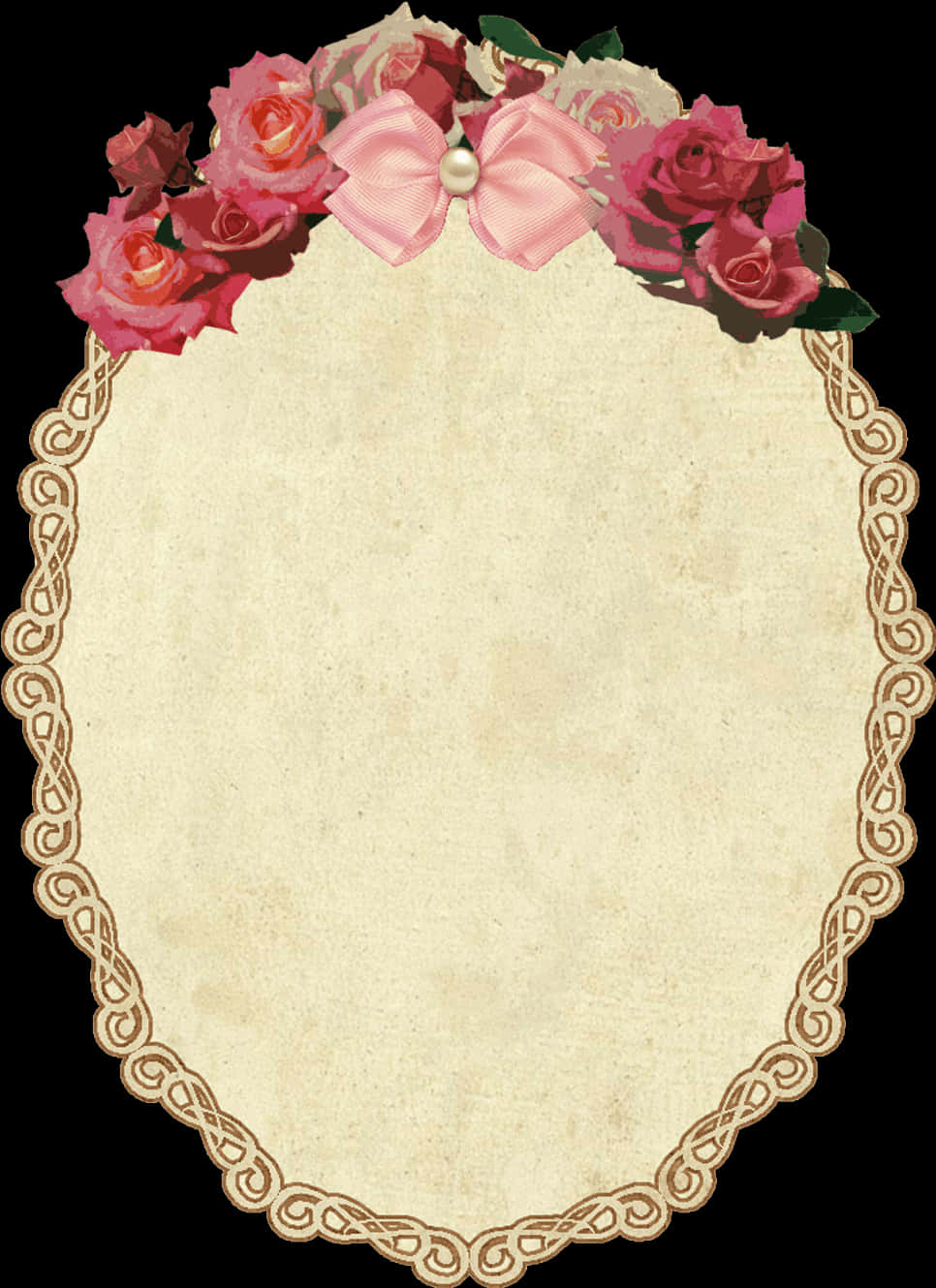 Vintage Floral Framewith Pink Ribbon PNG