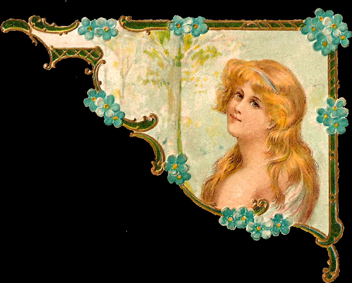Vintage Floral Framewith Woman PNG