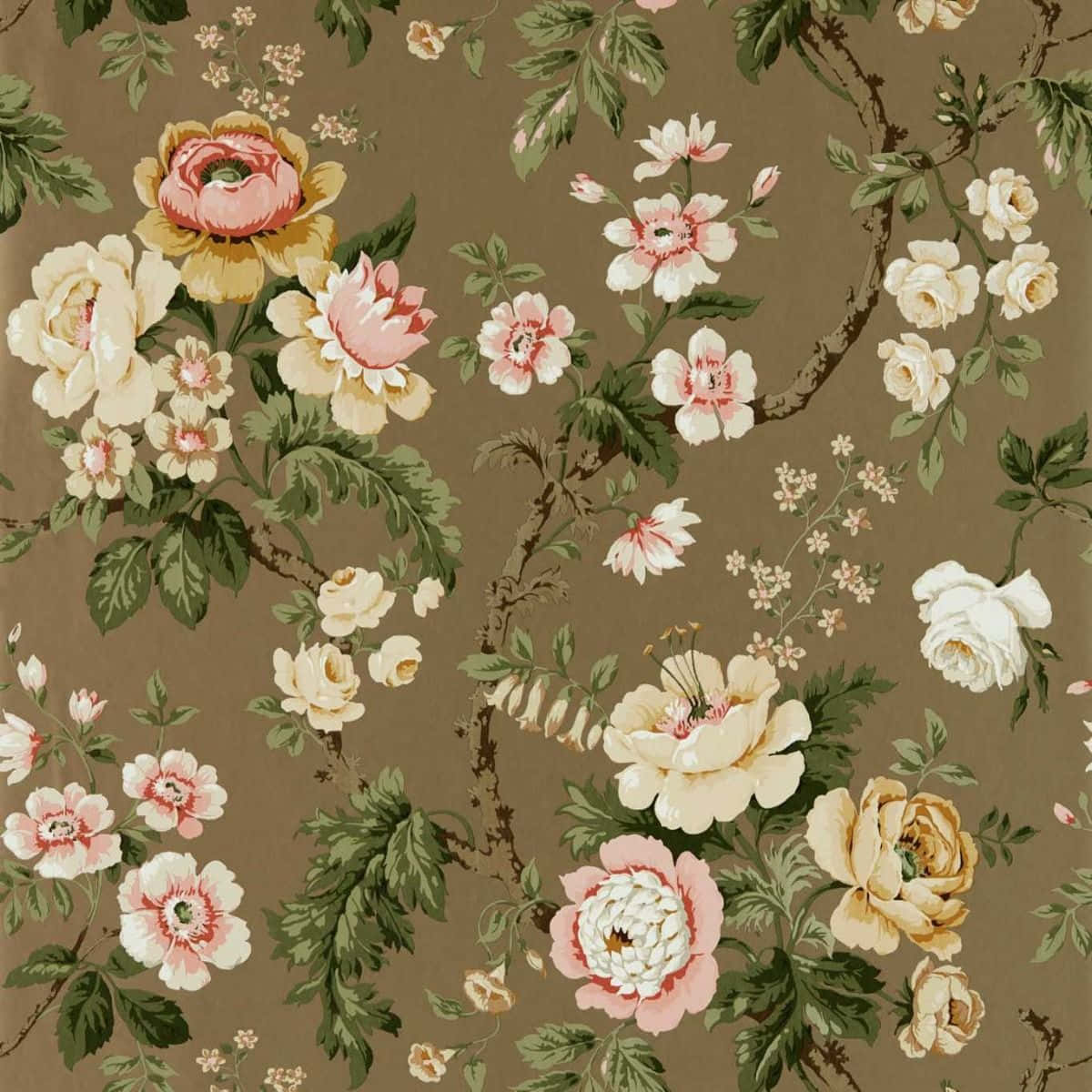 Vintage Floral Pattern Brown Background Wallpaper
