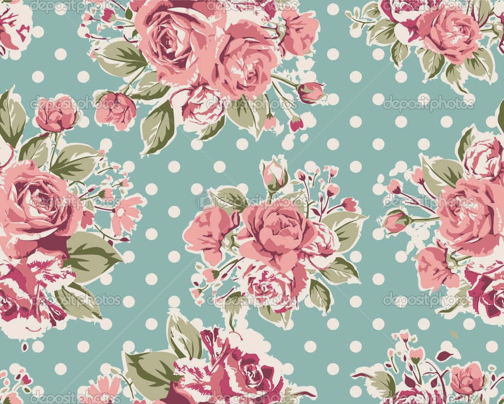 Et vintage fløjlsmønster med pink roser mod en blå baggrund Wallpaper