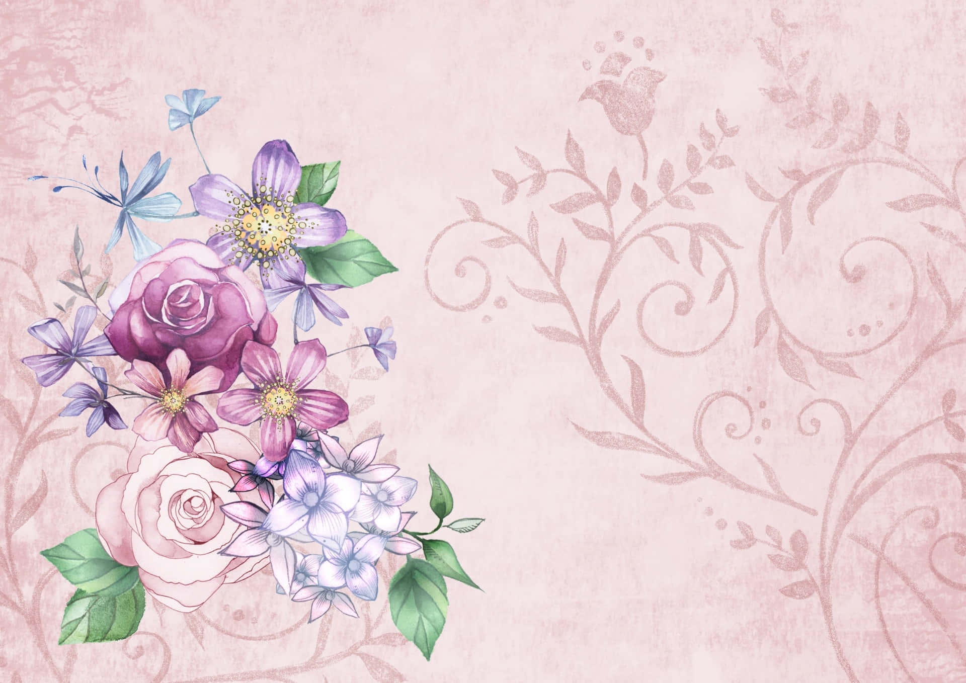 A Pink Background With Flowers And Butterflies