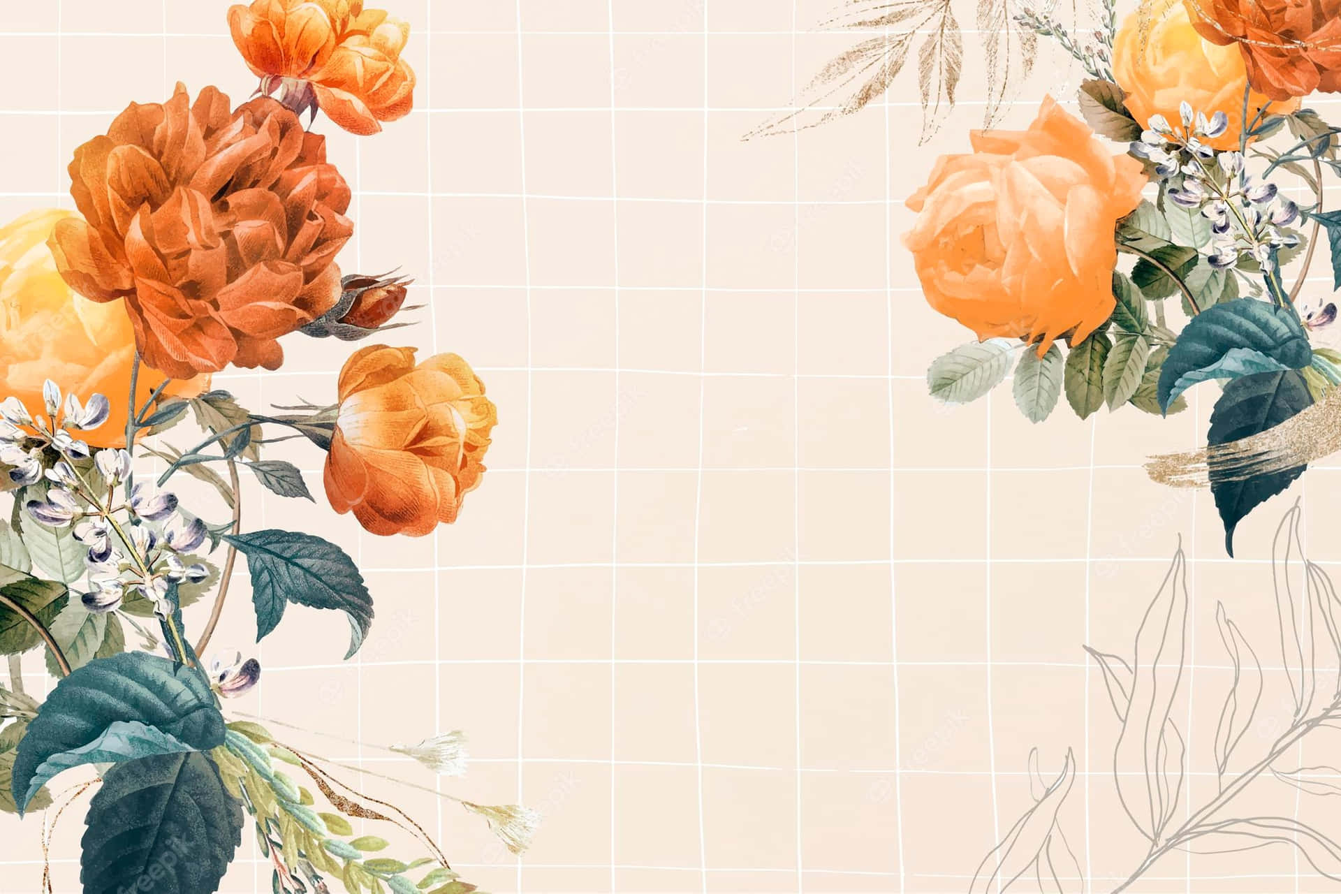 Einfloraler Hintergrund Mit Orangefarbenen Blumen Und Blättern.