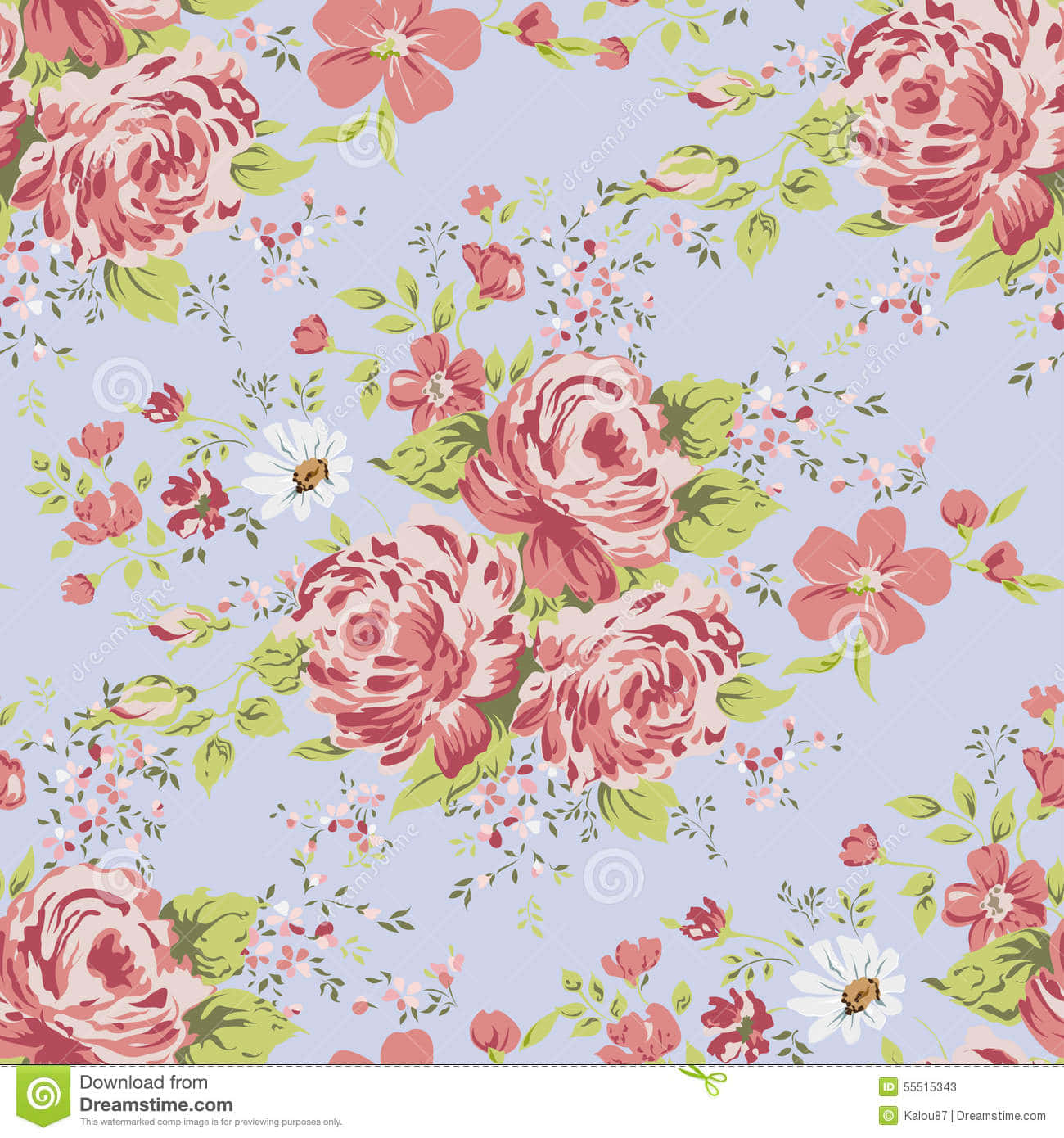 Floral Pattern With Pink Roses On A Blue Background Wallpaper