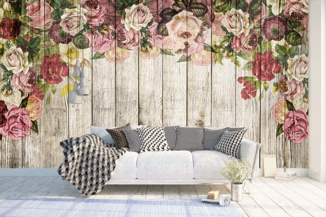 A Living Room With A Wooden Wall And Flowers
