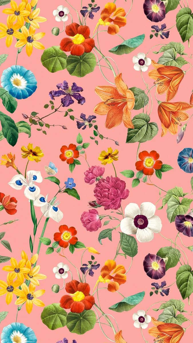 A Pink Floral Pattern With Many Different Flowers