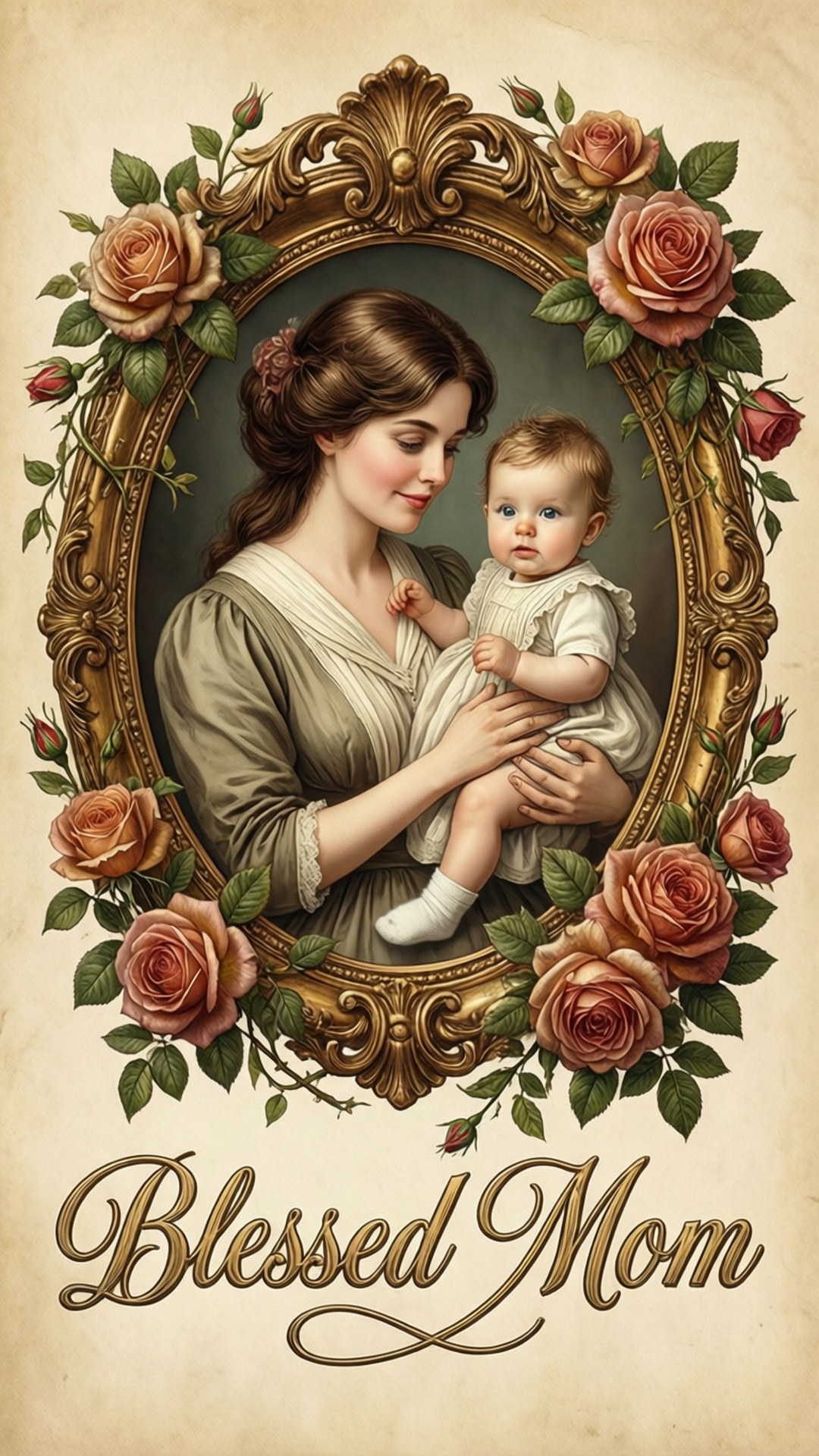 Illustrazione vintage di mamma benedetta in cornice ornamentale