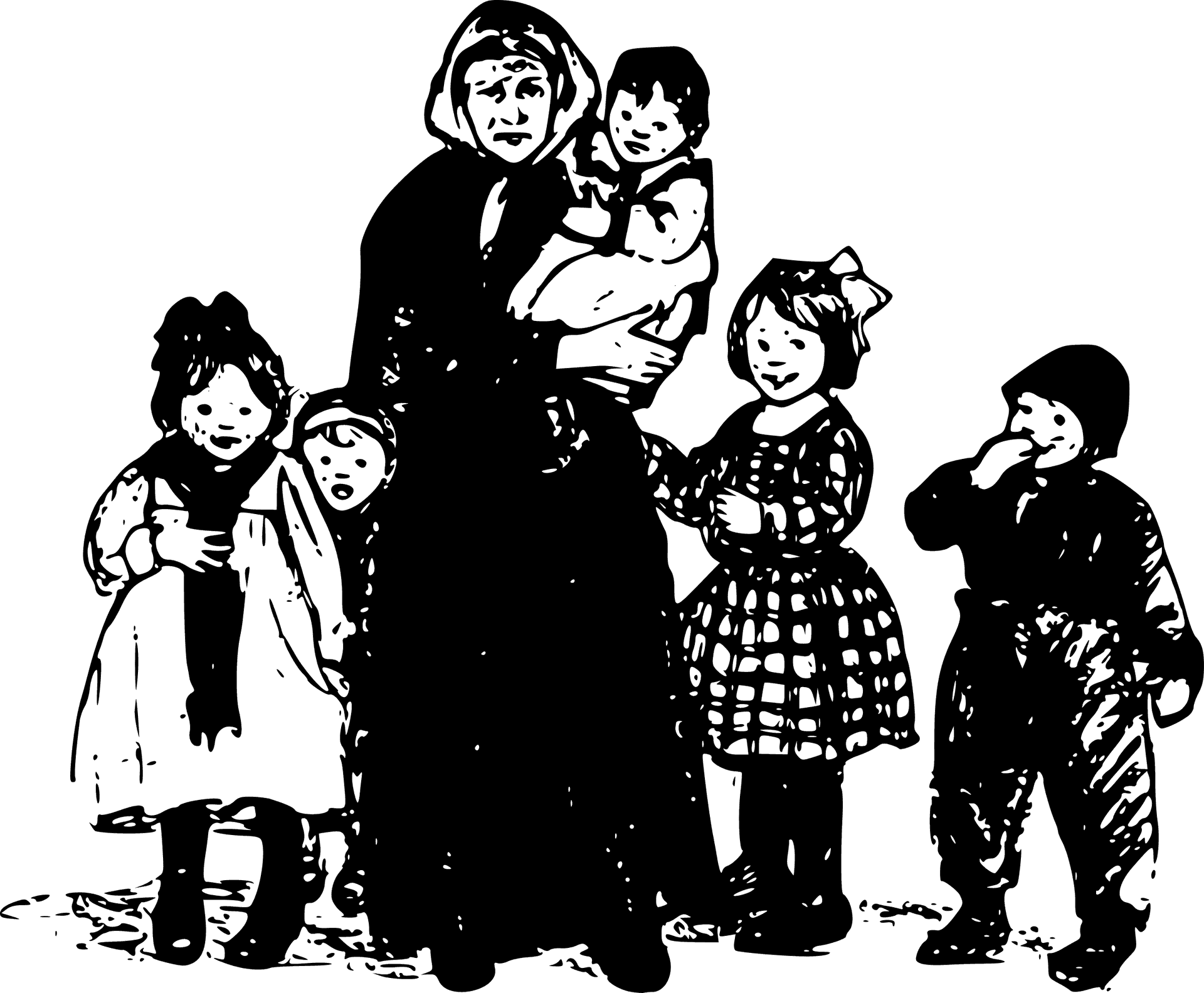 Vintage Granny With Grandchildren Illustration PNG
