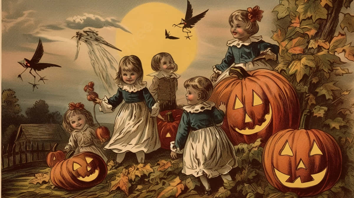 Vintage Halloween Childrenand Jack O Lanterns Wallpaper