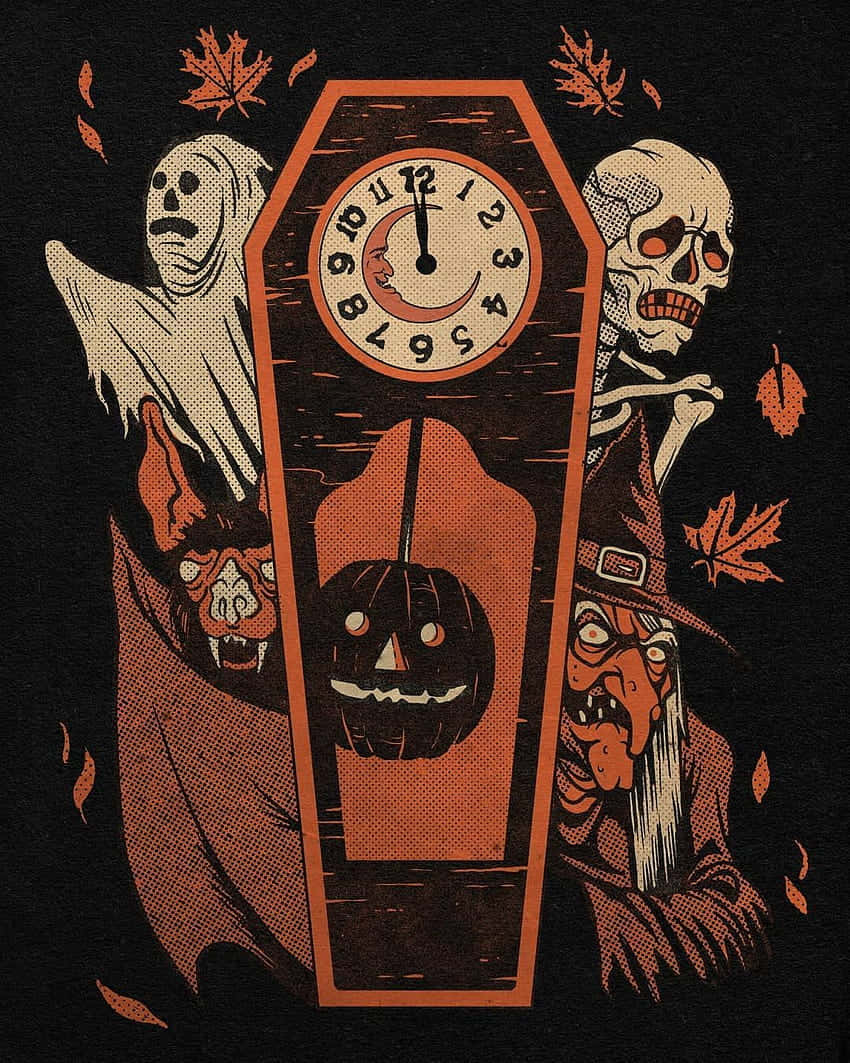 Vintage Halloween Clockand Ghosts Illustration Wallpaper