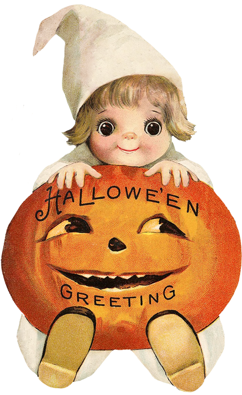 Vintage Halloween Greeting Elf Pumpkin PNG