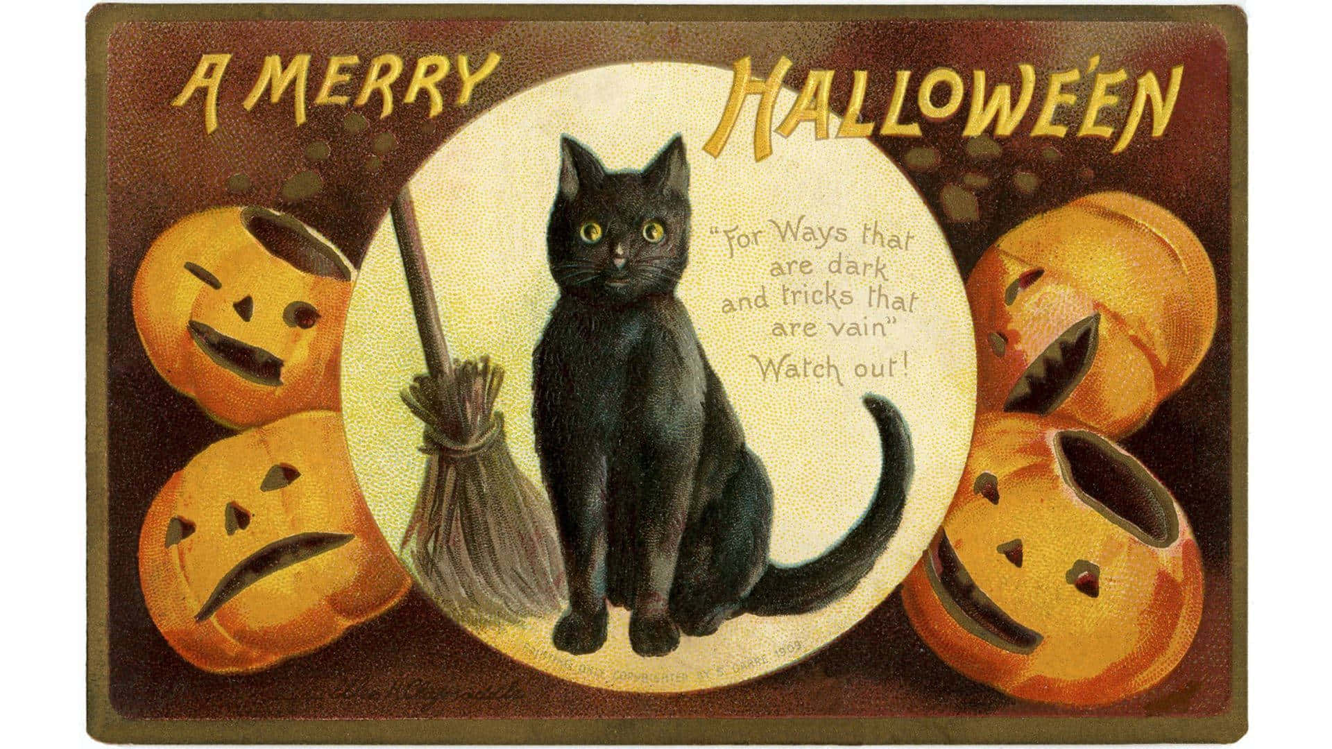 Vintage Halloween Postcardwith Black Catand Pumpkins Wallpaper