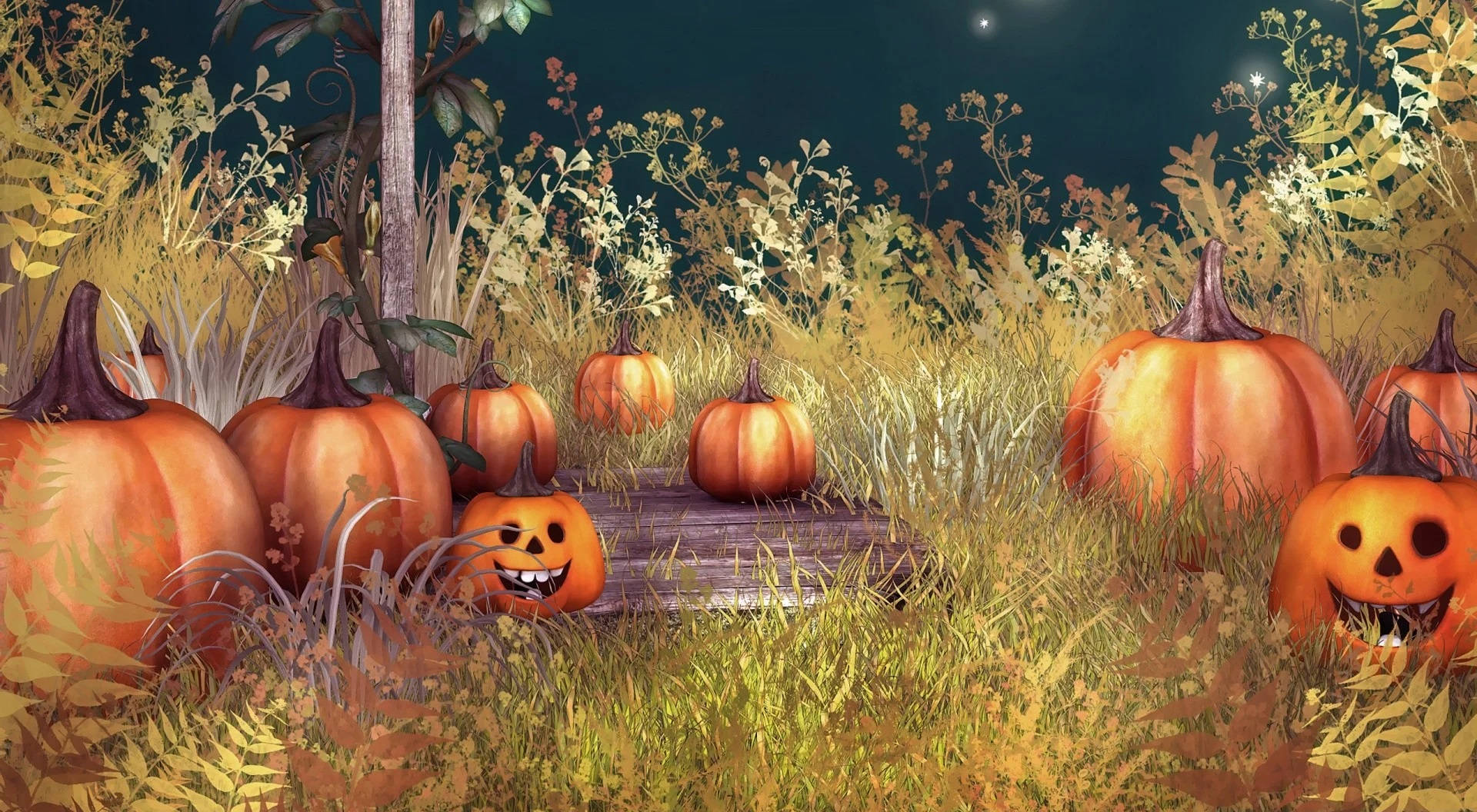 Vintage Halloween Pumpkins In Grassland Wallpaper