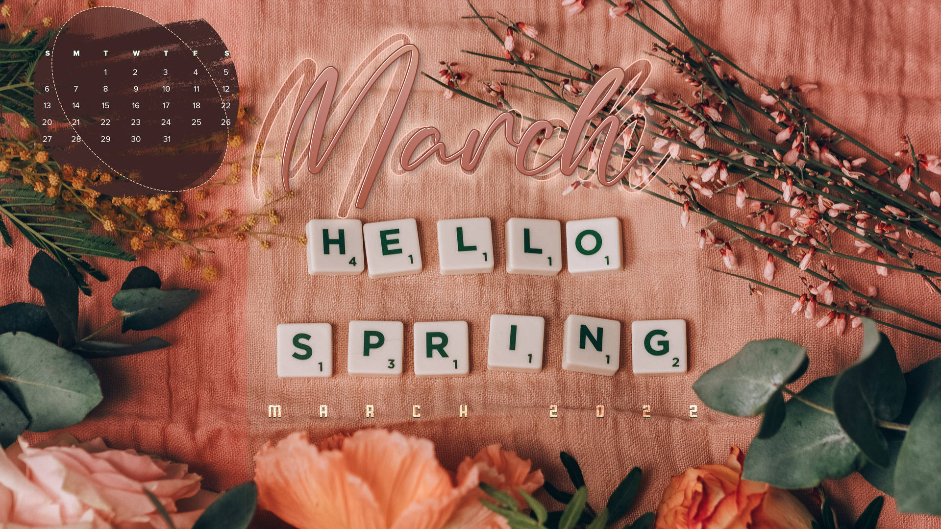 Vintage Hello Spring March Calendar Wallpaper