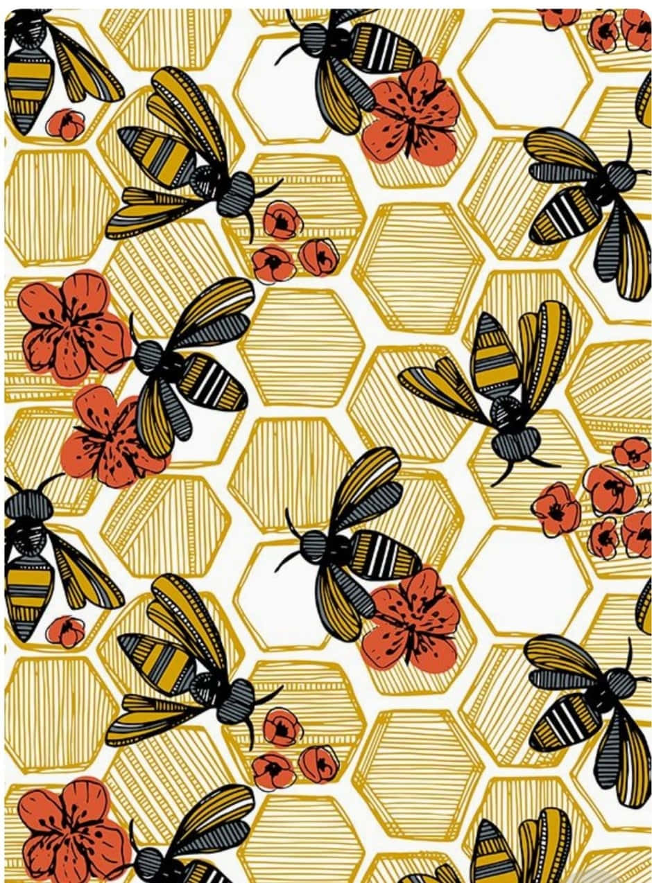 Vintage Honeycomb Bee Floral Pattern Wallpaper
