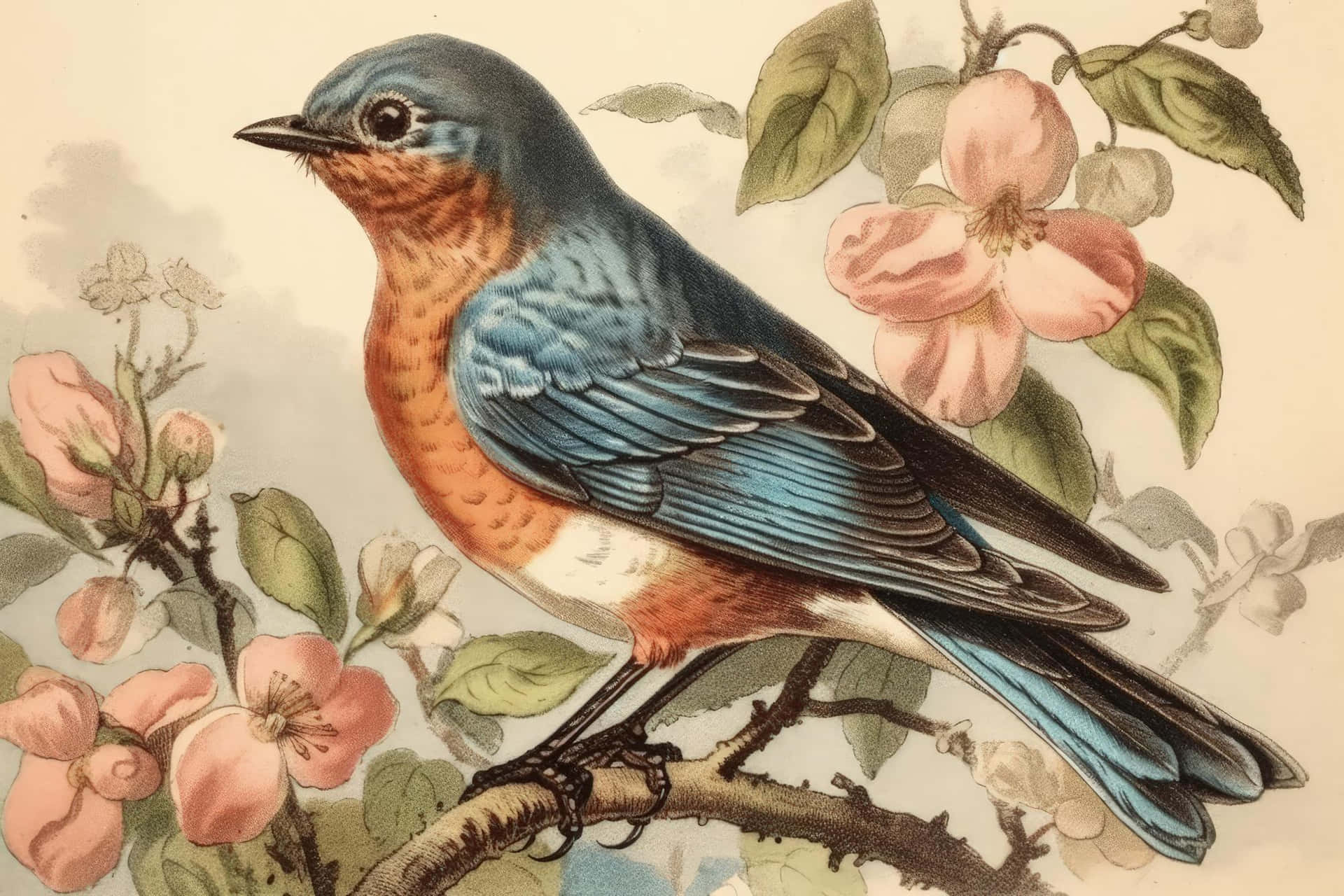 Vintage Illustrated Birdon Branch Wallpaper
