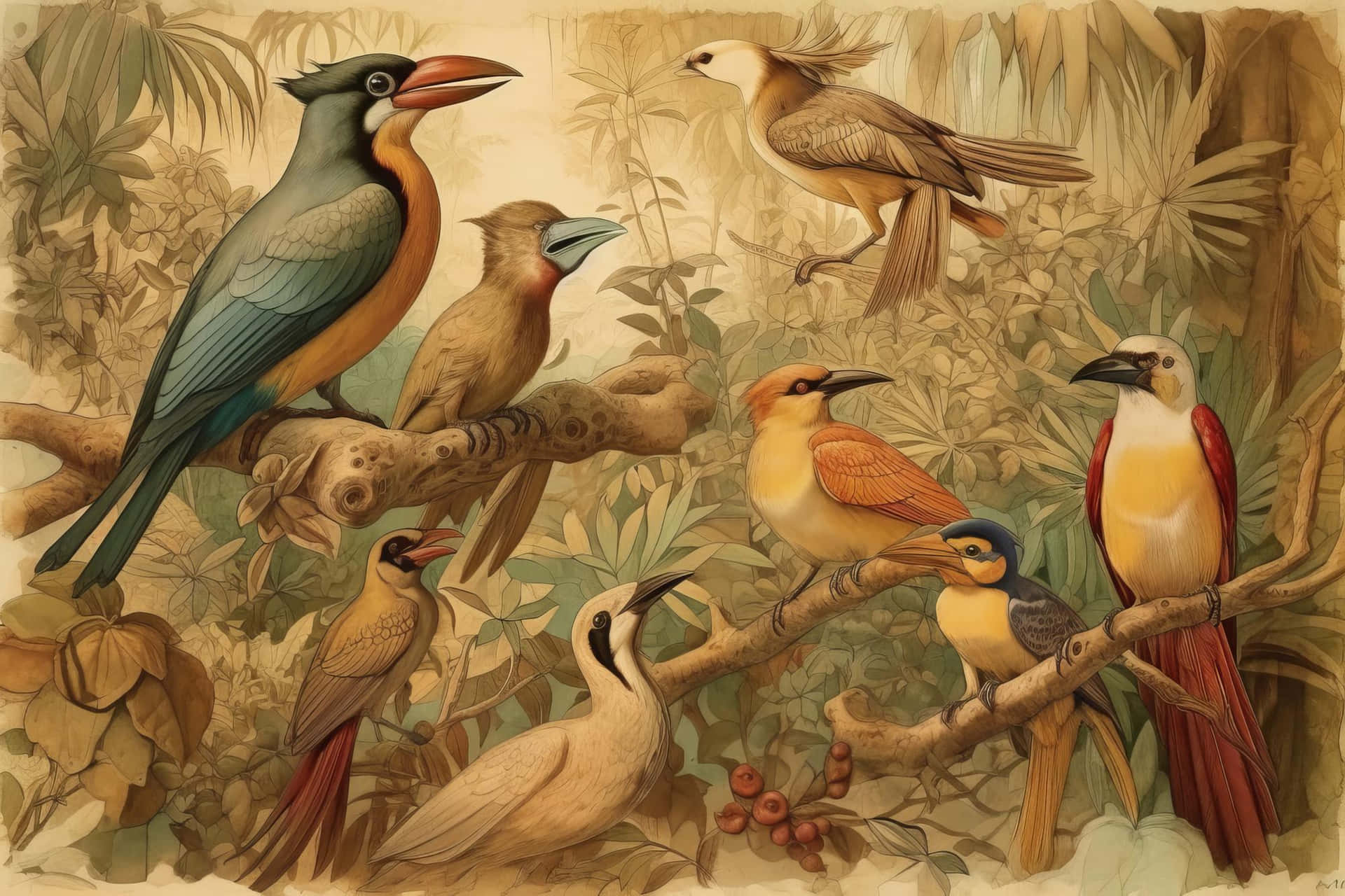 Vintage_ Illustration_ Colorful_ Birds_ Branch Wallpaper