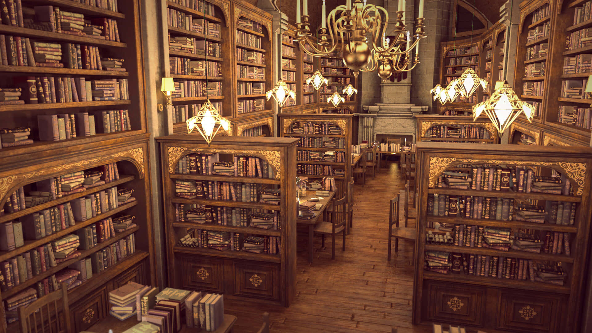 Vintage Library Interiorwith Chandeliers Wallpaper