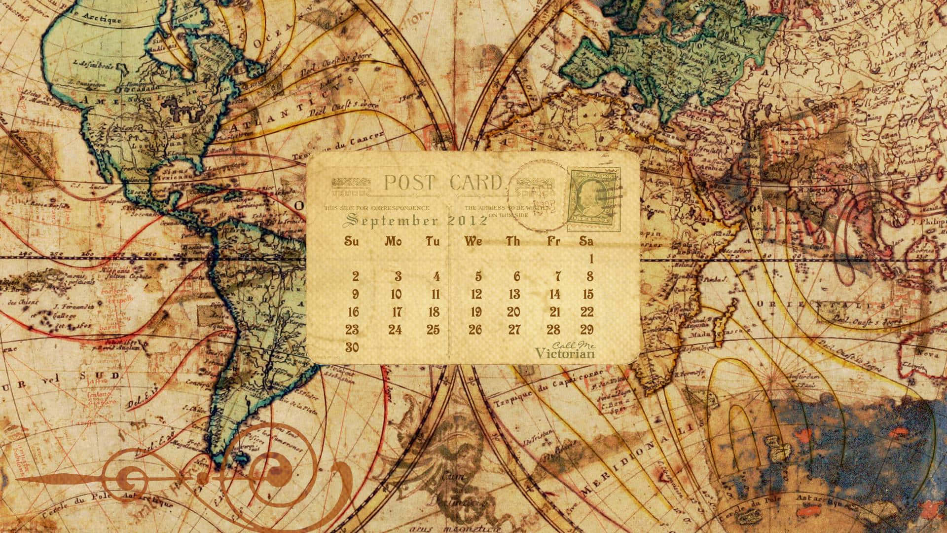 Vintage Map Postcard September Calendar Wallpaper