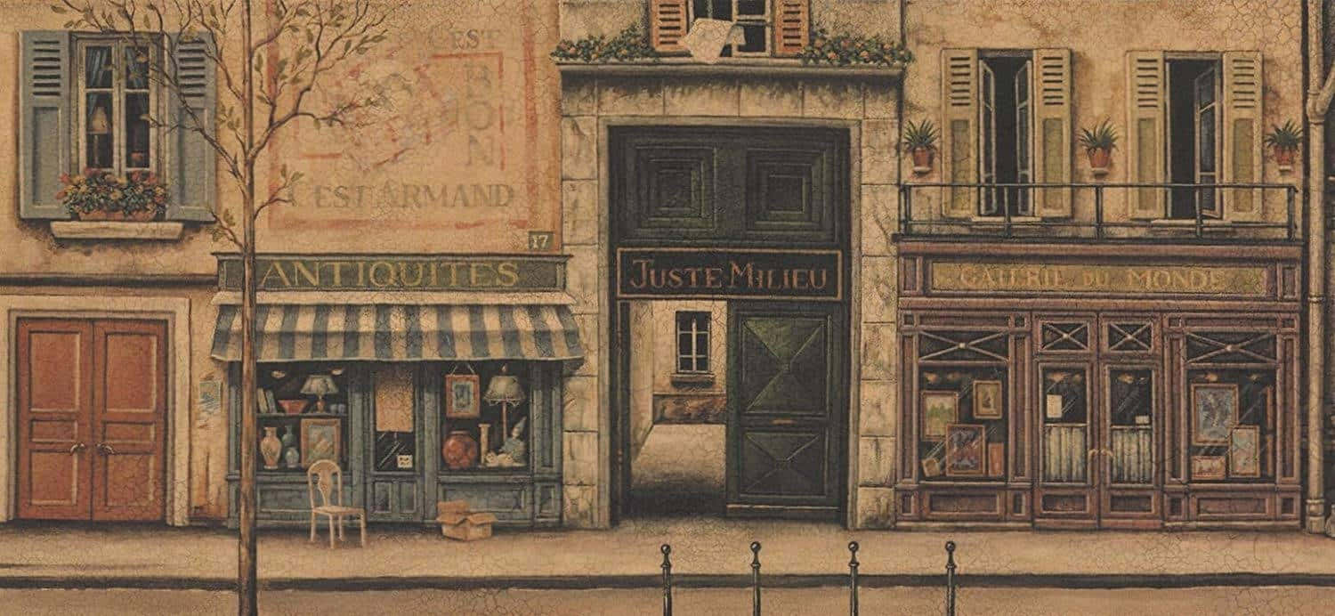A Painting Of A Street Scene With Shops And A Street Sign Wallpaper