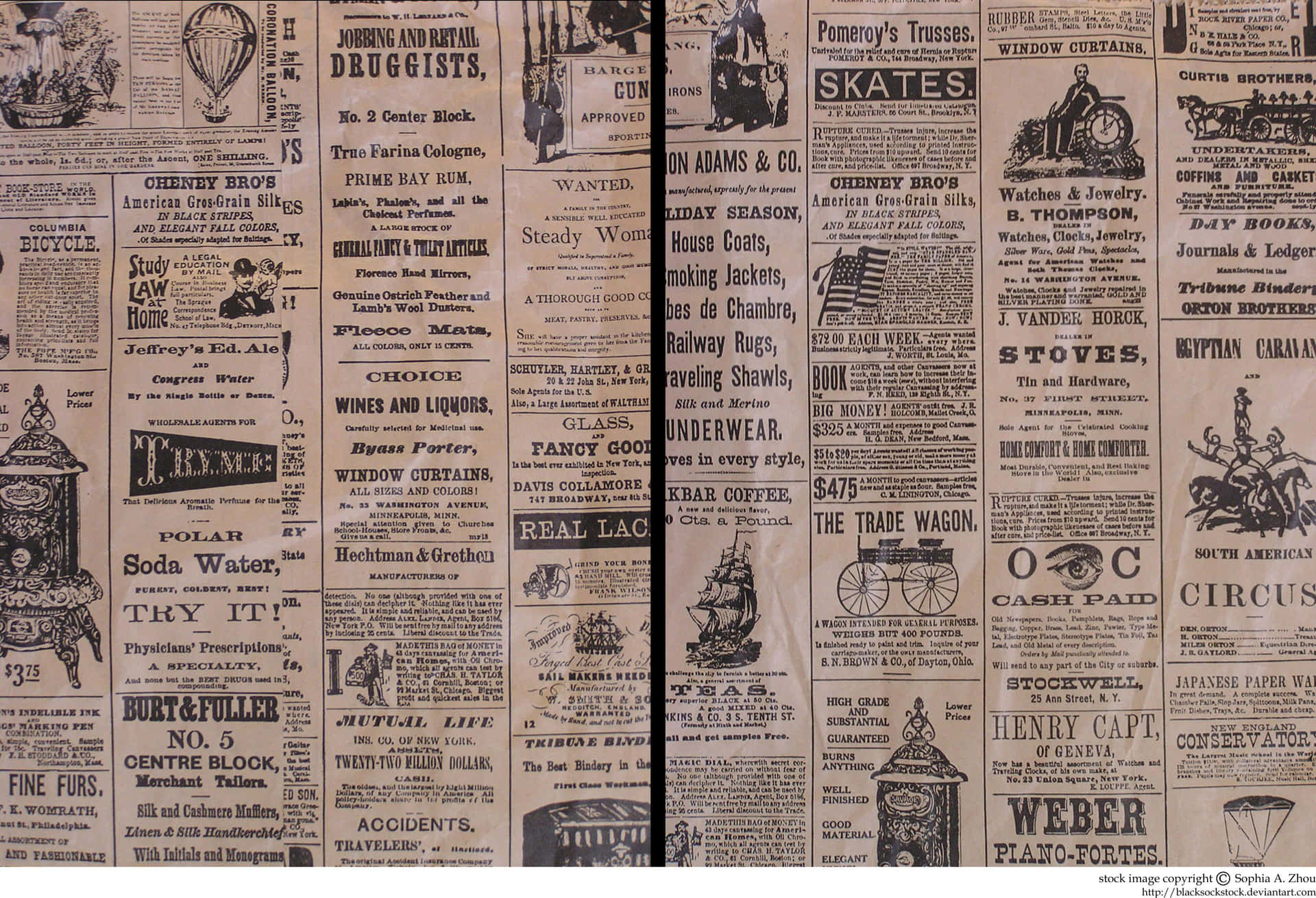 An old vintage newspaper open to the front page. Wallpaper