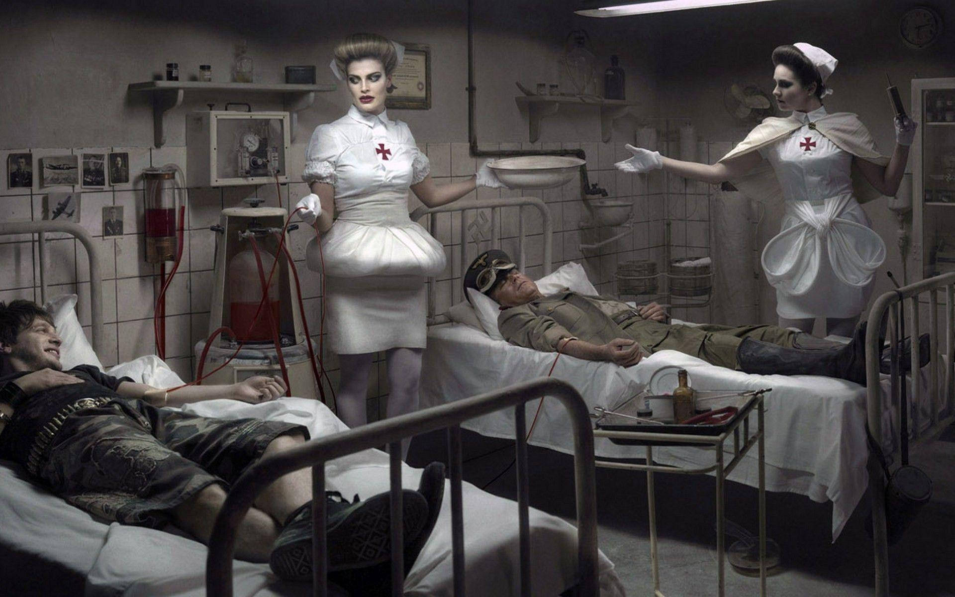 Enfermerasy Pacientes Vintage En El Hospital. Fondo de pantalla