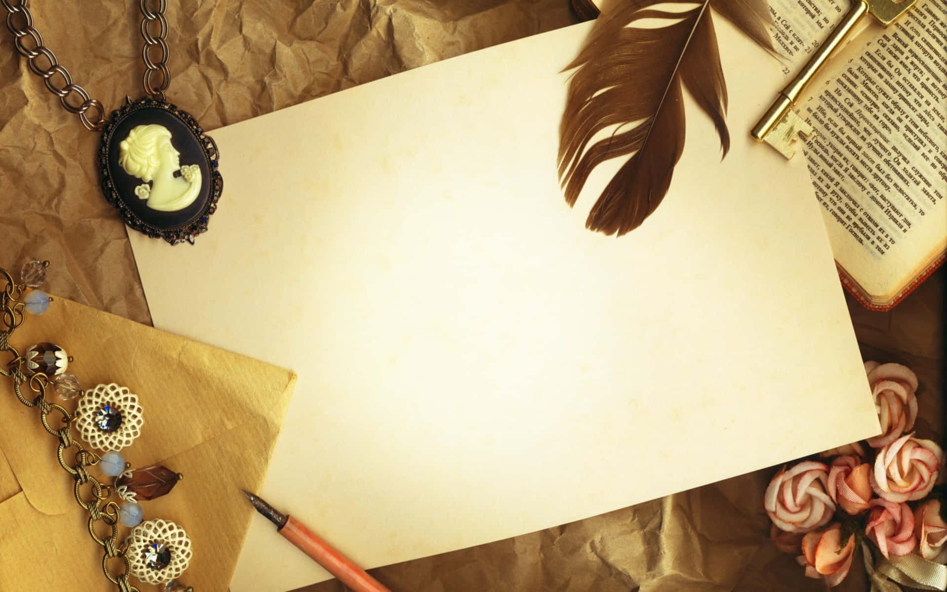 A Vintage Paper, Feather, And Book On A Brown Paper Background