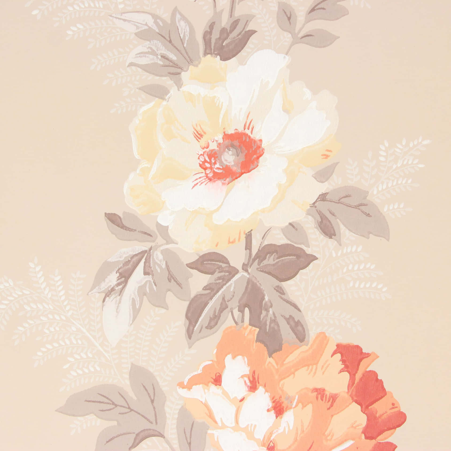En livlig farvepalet af ferskener og appelsiner, med subtile antydninger af pink, rød og lilla. Wallpaper