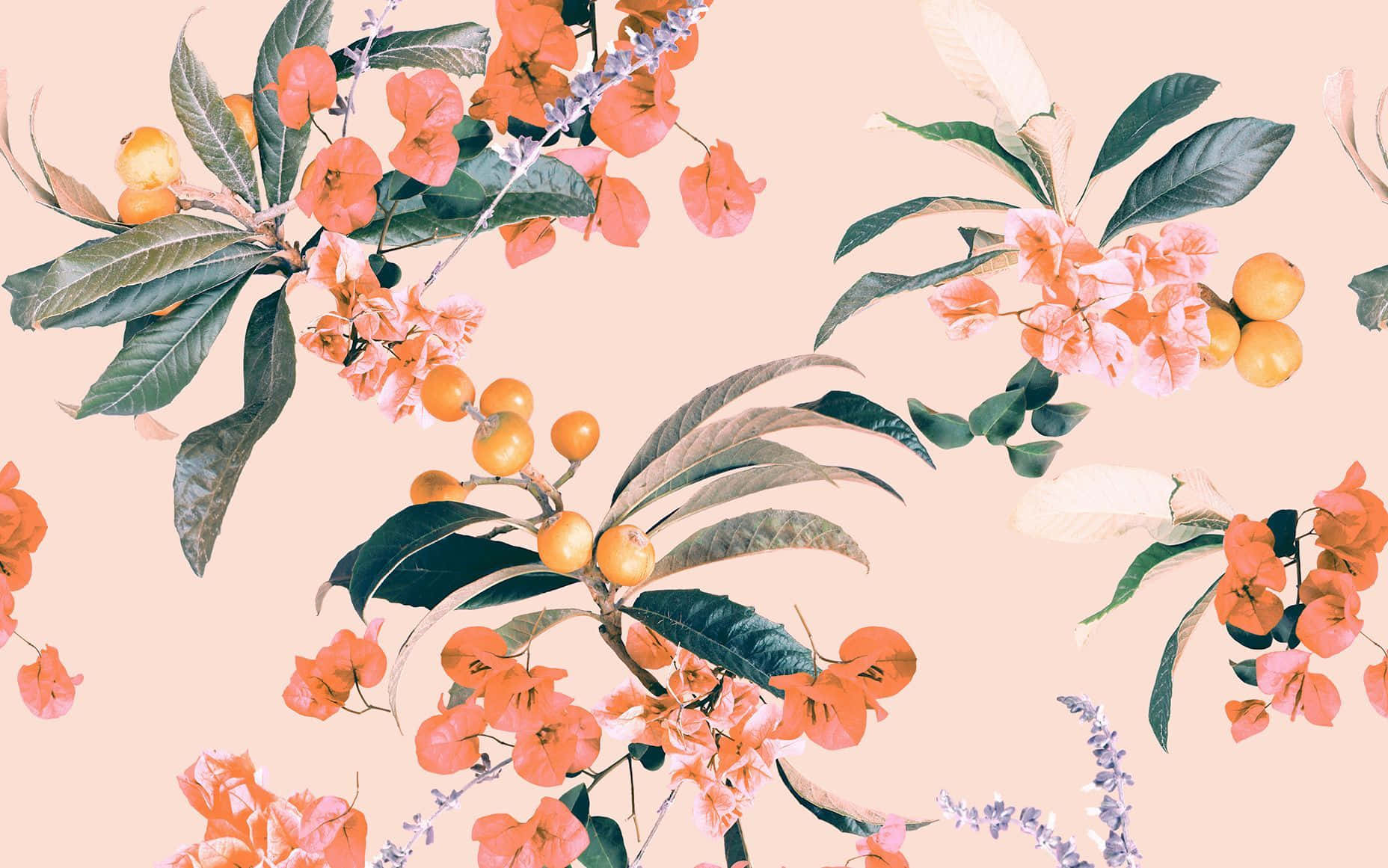 A Floral Pattern With Orange Flowers And Leaves Wallpaper