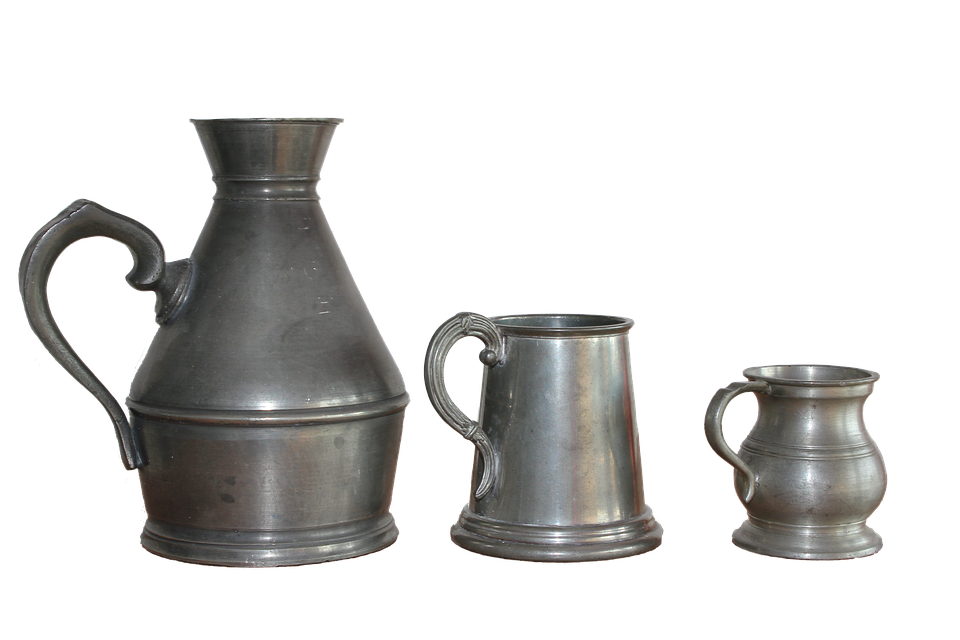 Vintage Pewter Pitcherand Mugs PNG