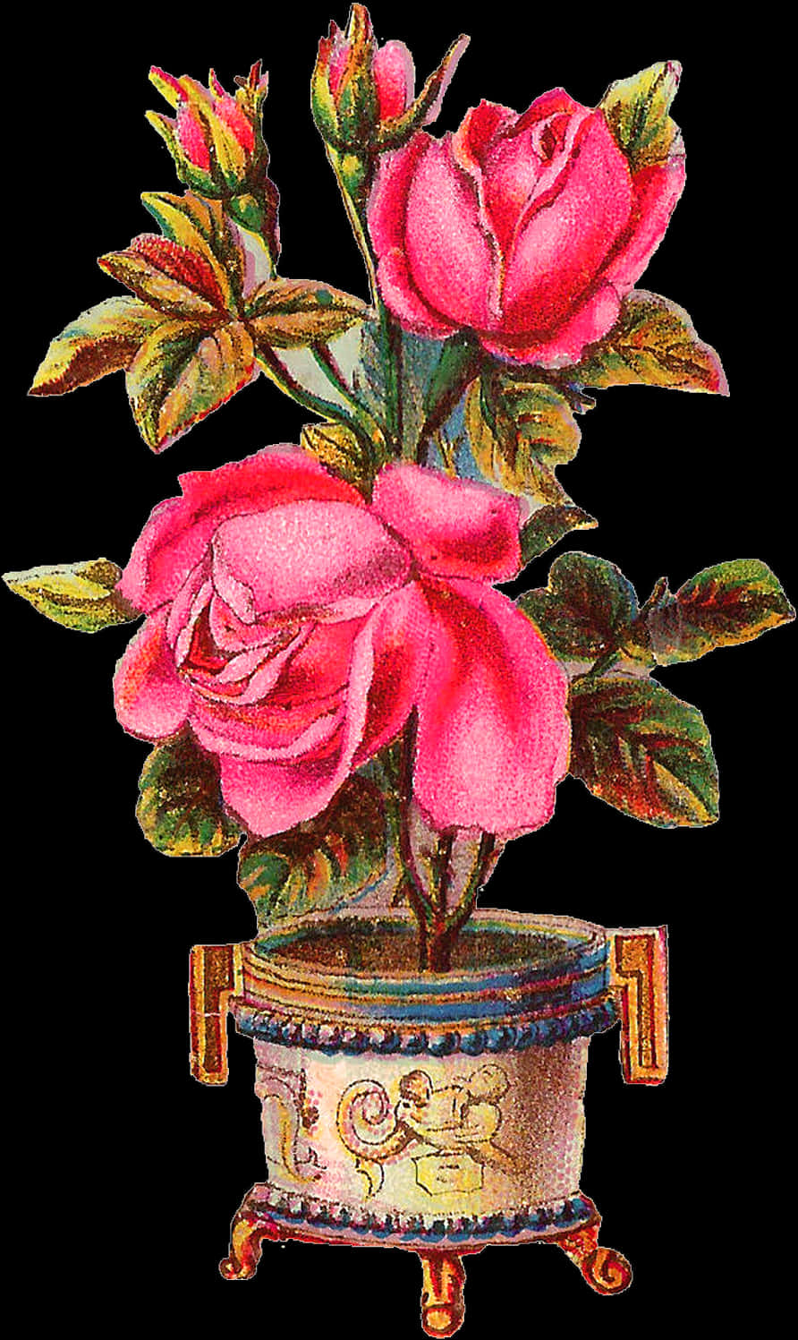 Vintage Pink Rosesin Decorative Pot PNG