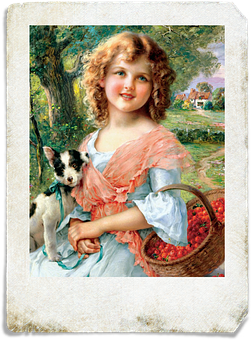 Vintage Portraitof Girlwith Dogand Basketof Flowers PNG