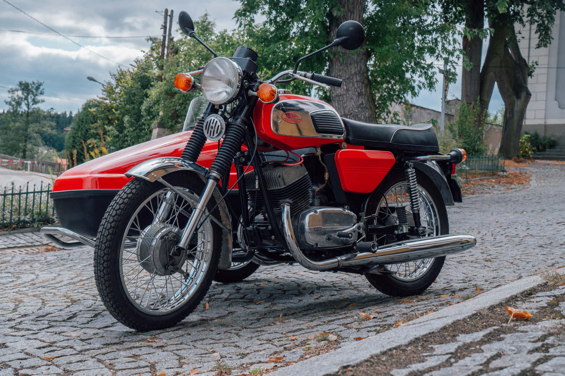 Vintage Rode Jawa Motorfiets Met Zijspan Achtergrond