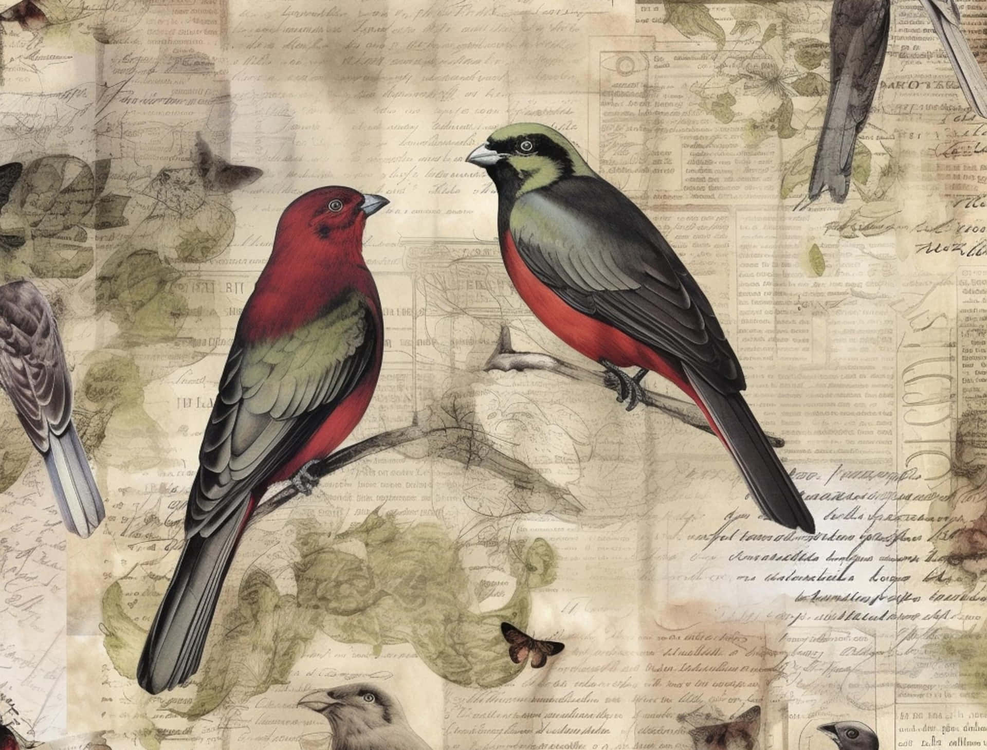 Vintage Redand Green Birds Illustration Wallpaper