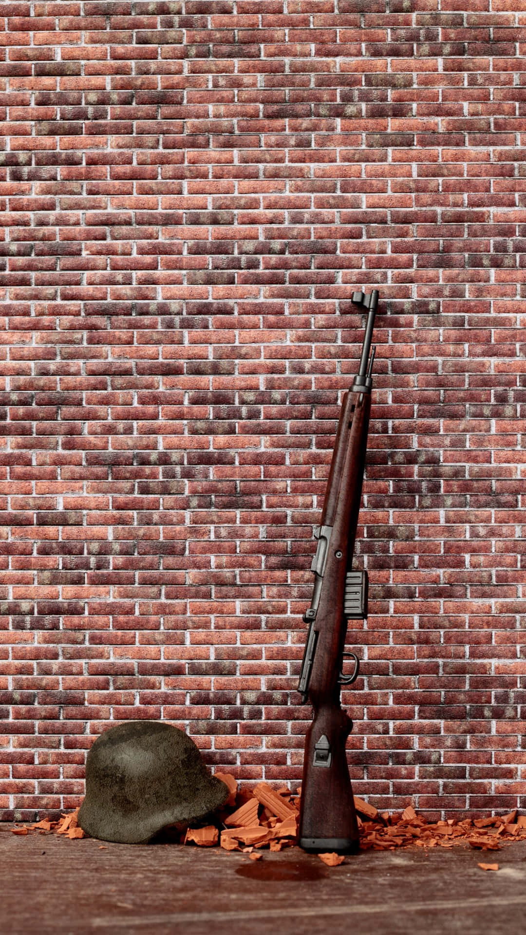 Vintage Rifleand Helmetagainst Brick Wall Wallpaper