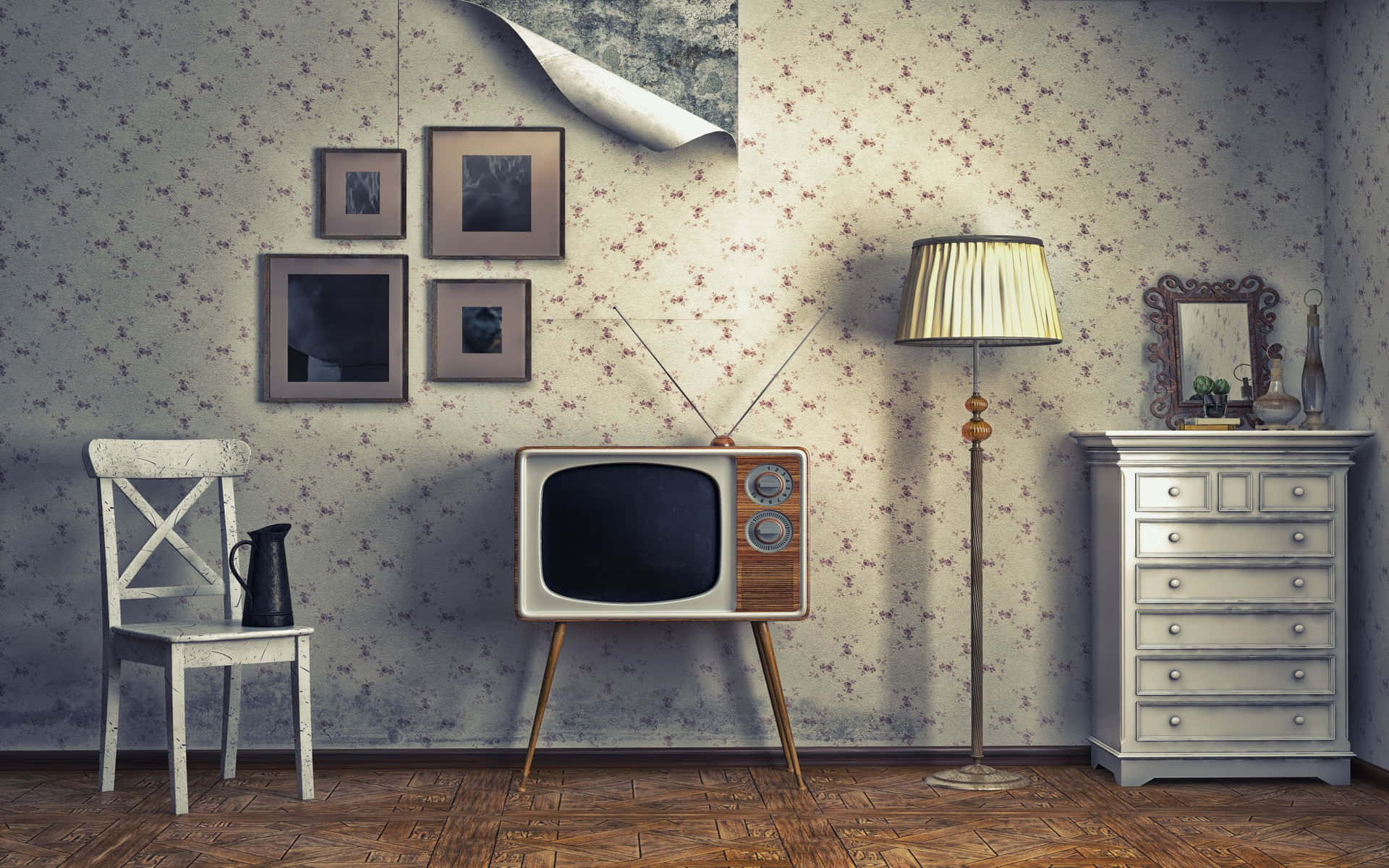 Ruang Vintage Dengan Pengaturan Tv Retro Wallpaper