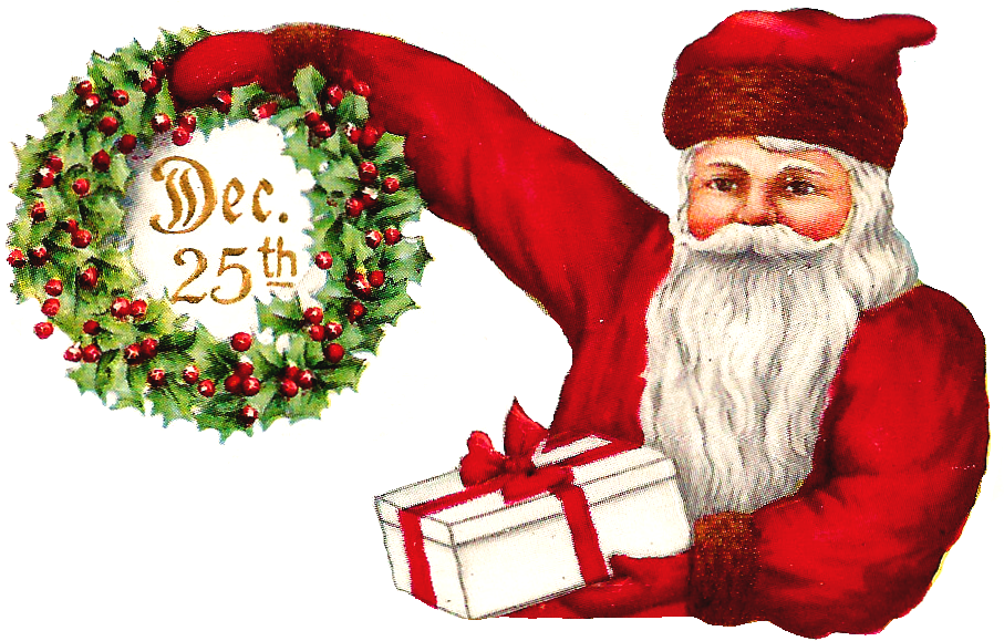 Vintage Santa Clauswith Wreathand Gift PNG
