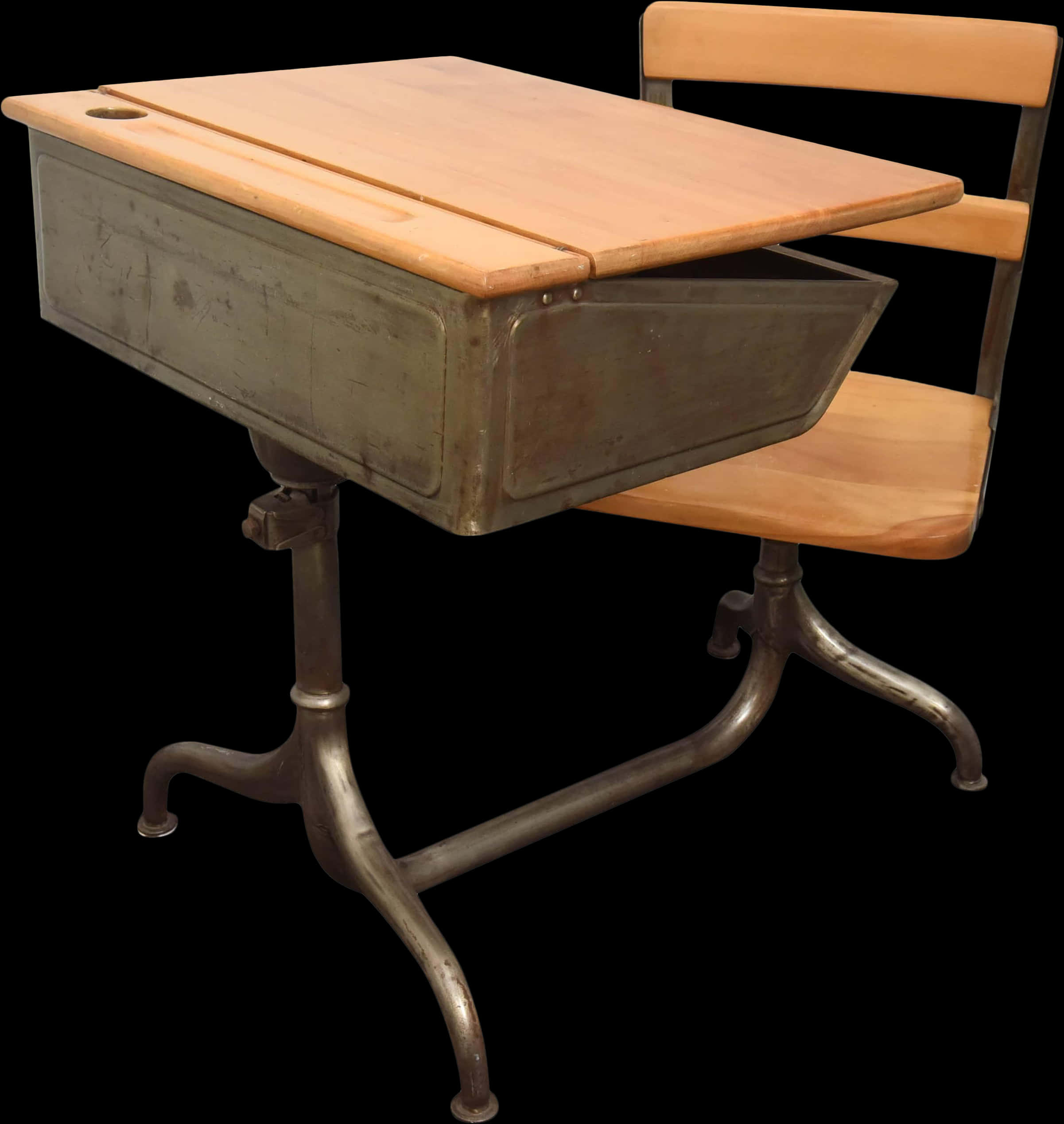 Vintage School Deskwith Attached Chair PNG